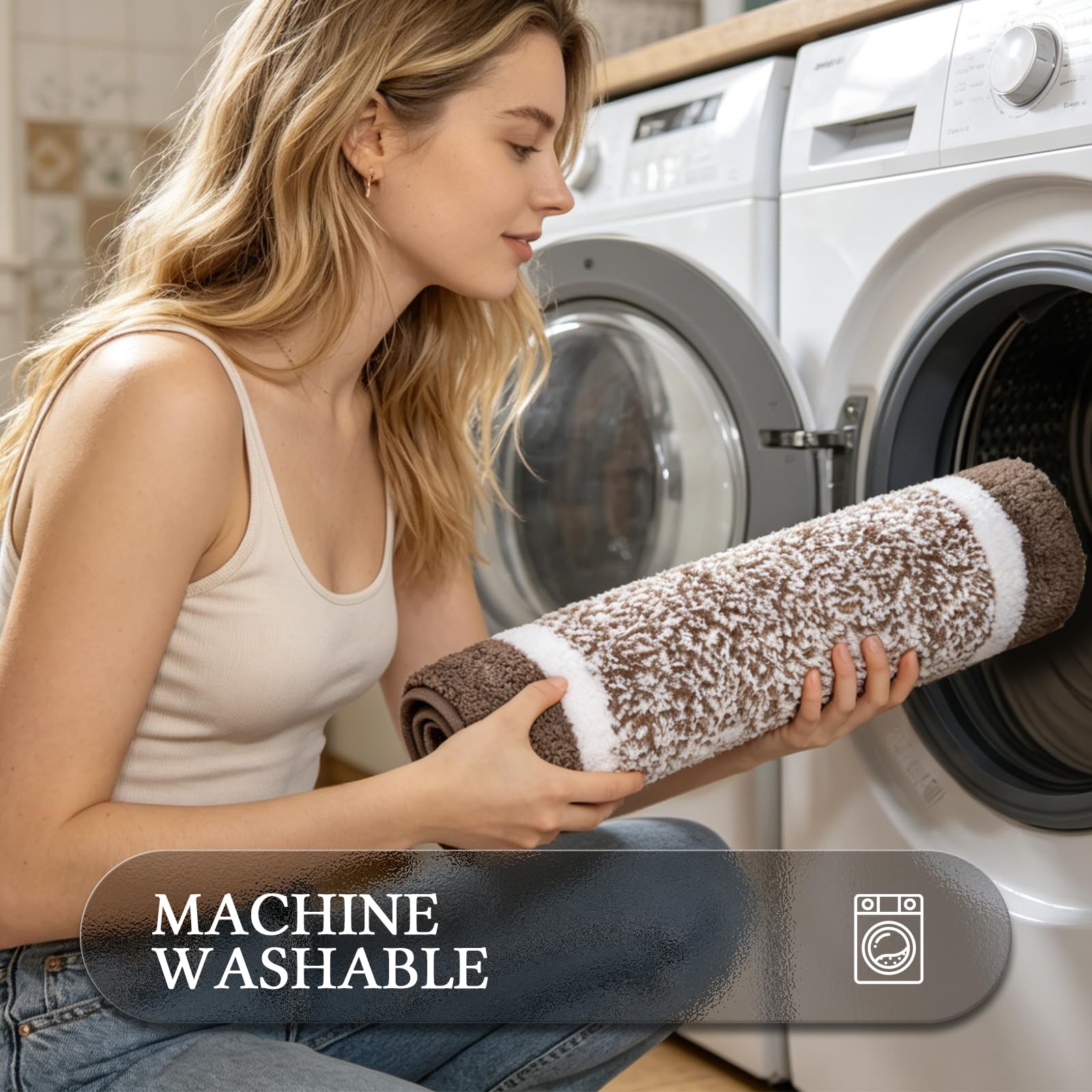Pauwer long runner in front of a tub illustrating coverage and cozy step-in comfort