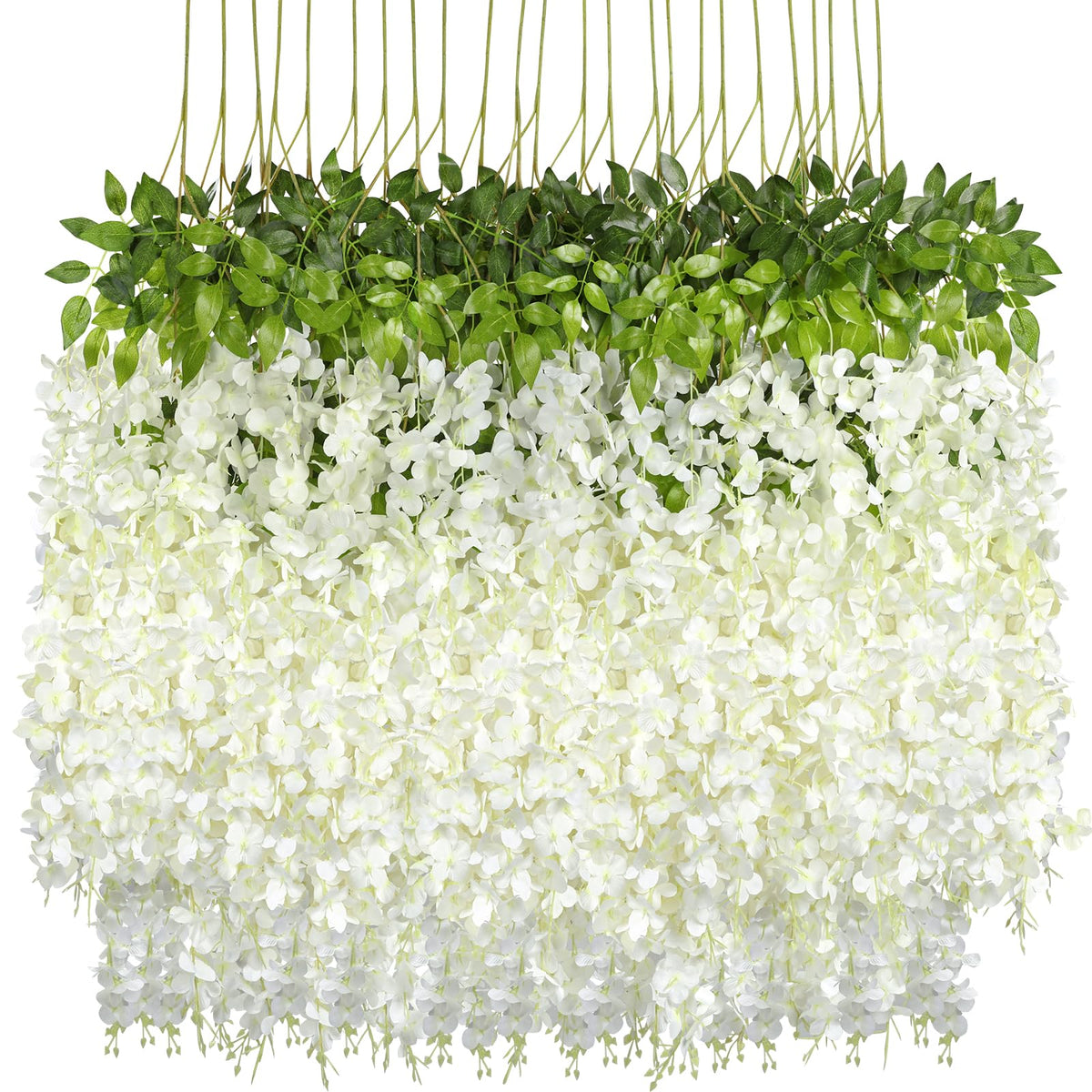 Pauwer front packaging showing 24 white wisteria bundles for easy event styling