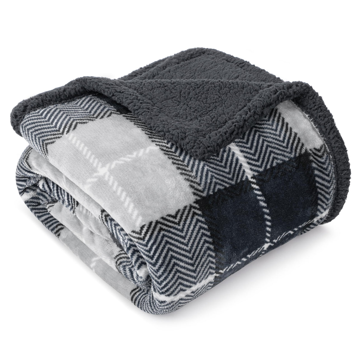 PAVILIA front view of dark grey plaid blanket showing full coverage and style
