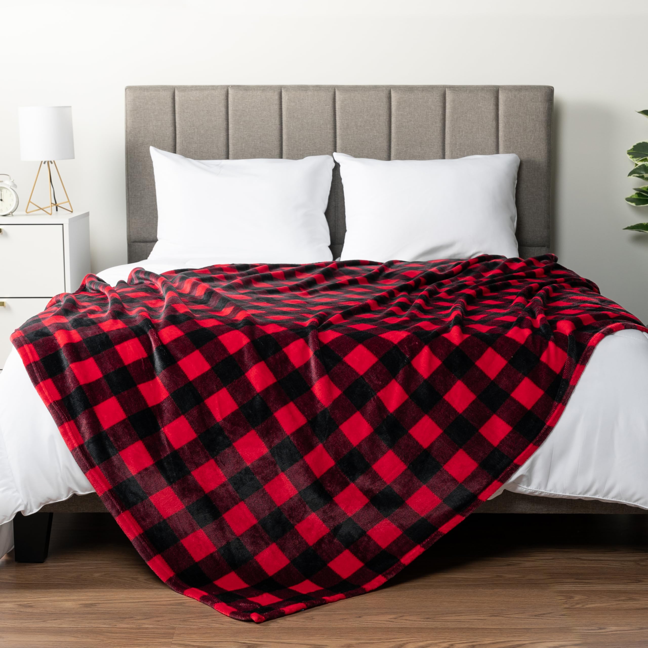 PAVILIA front view showing black and red plaid pattern and cozy appeal