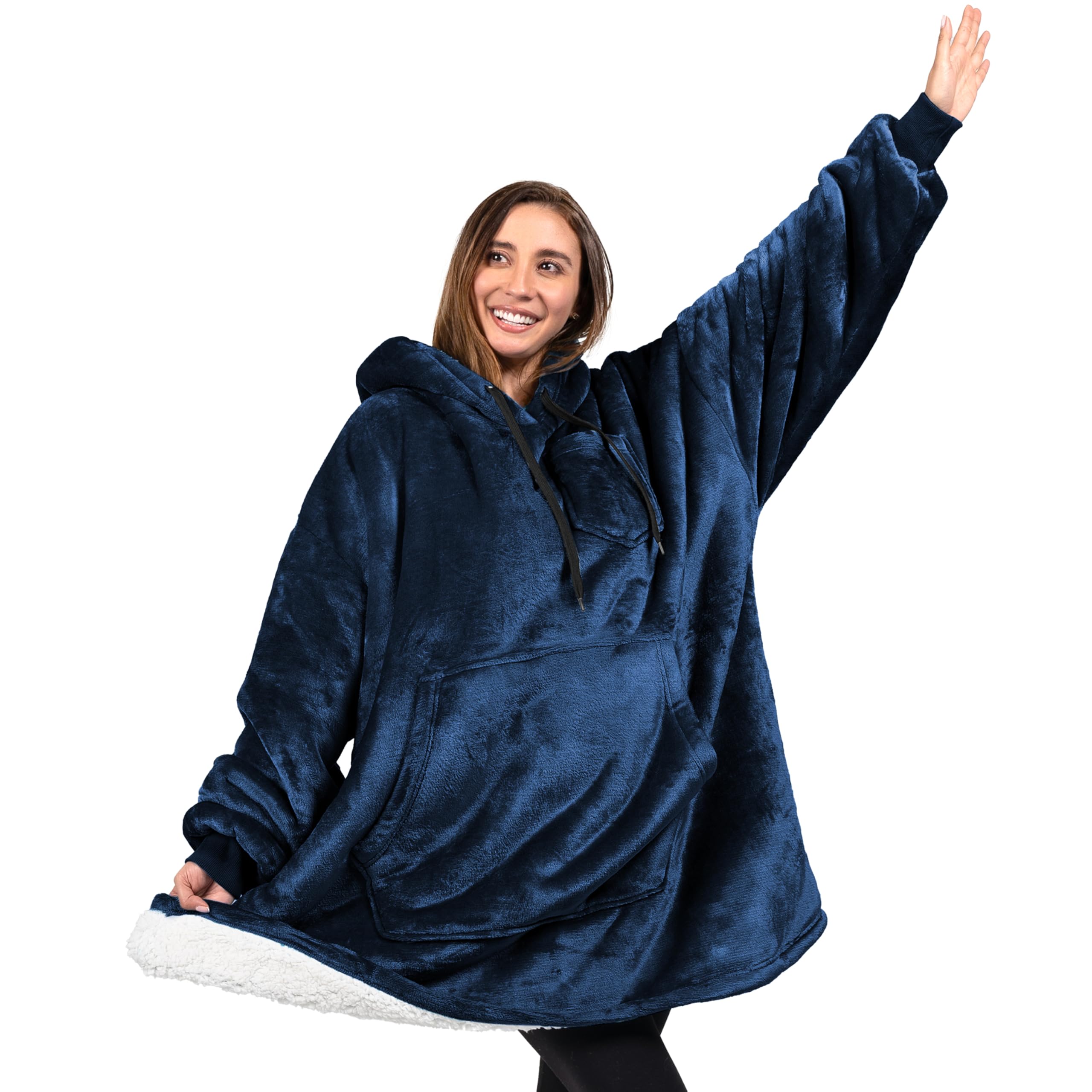 PAVILIA front view navy hoodie blanket showing oversized cozy fit