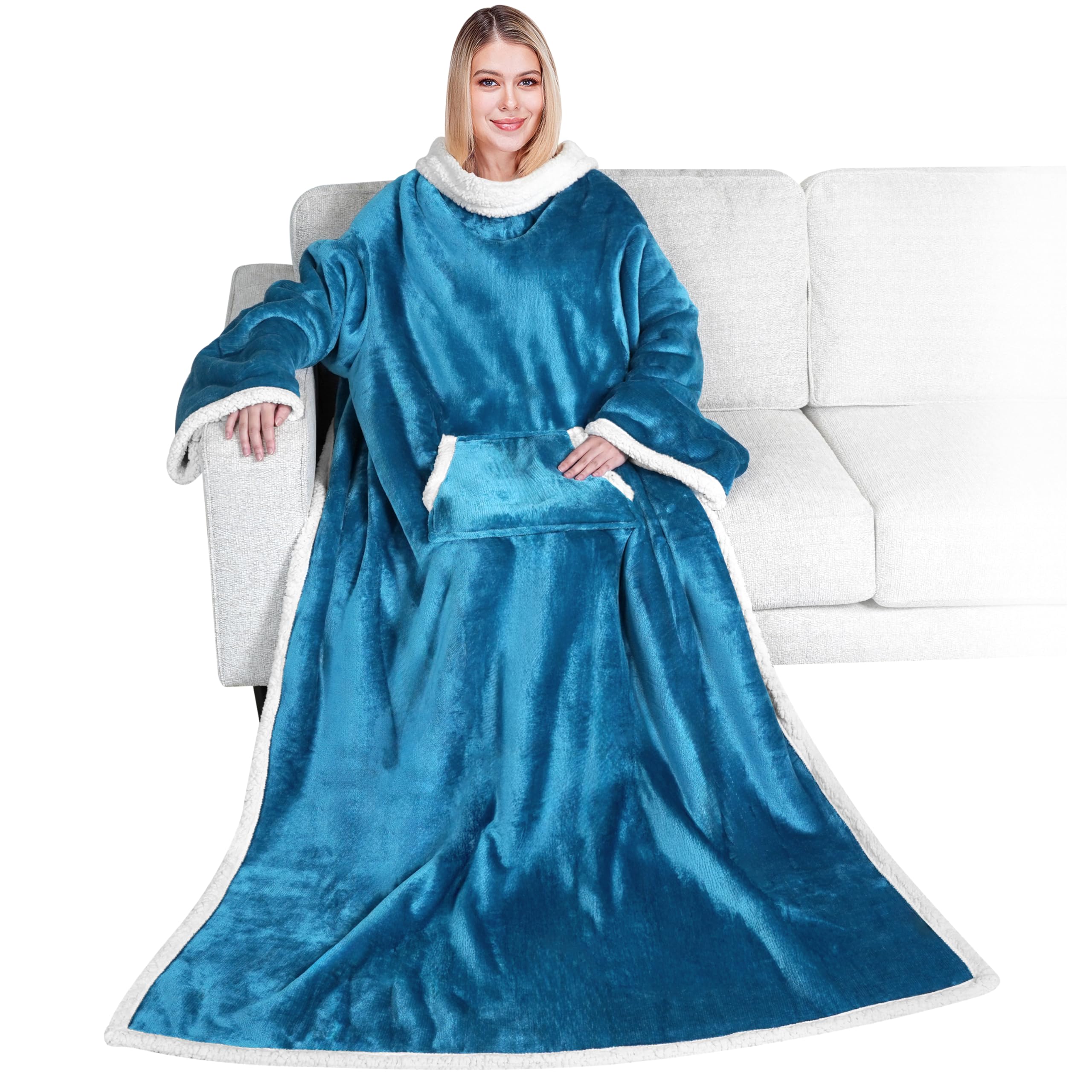 PAVILIA front view of teal wearable blanket showing full coverage benefit