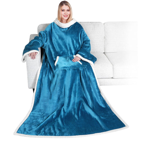 PAVILIA front view of teal wearable blanket showing full coverage benefit