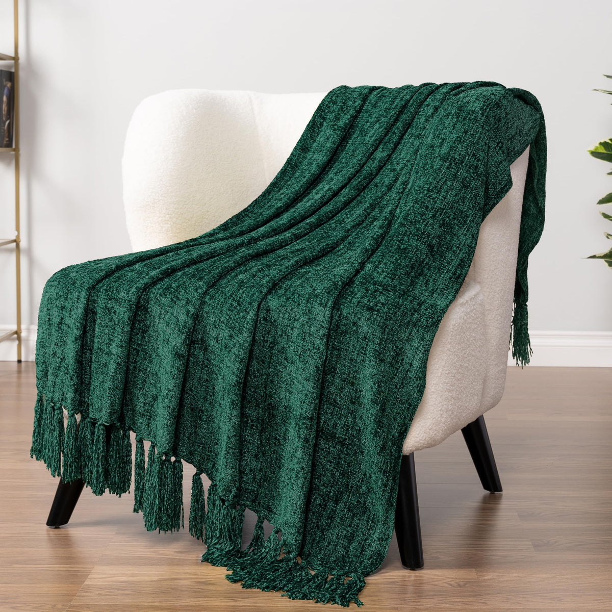 PAVILIA green chenille throw front view showing soft plush finish and color