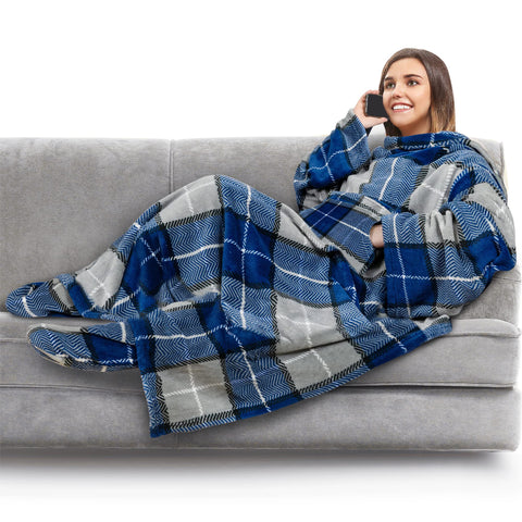 PAVILIA plaid blue wearable blanket front view showing full coverage and stylish pattern