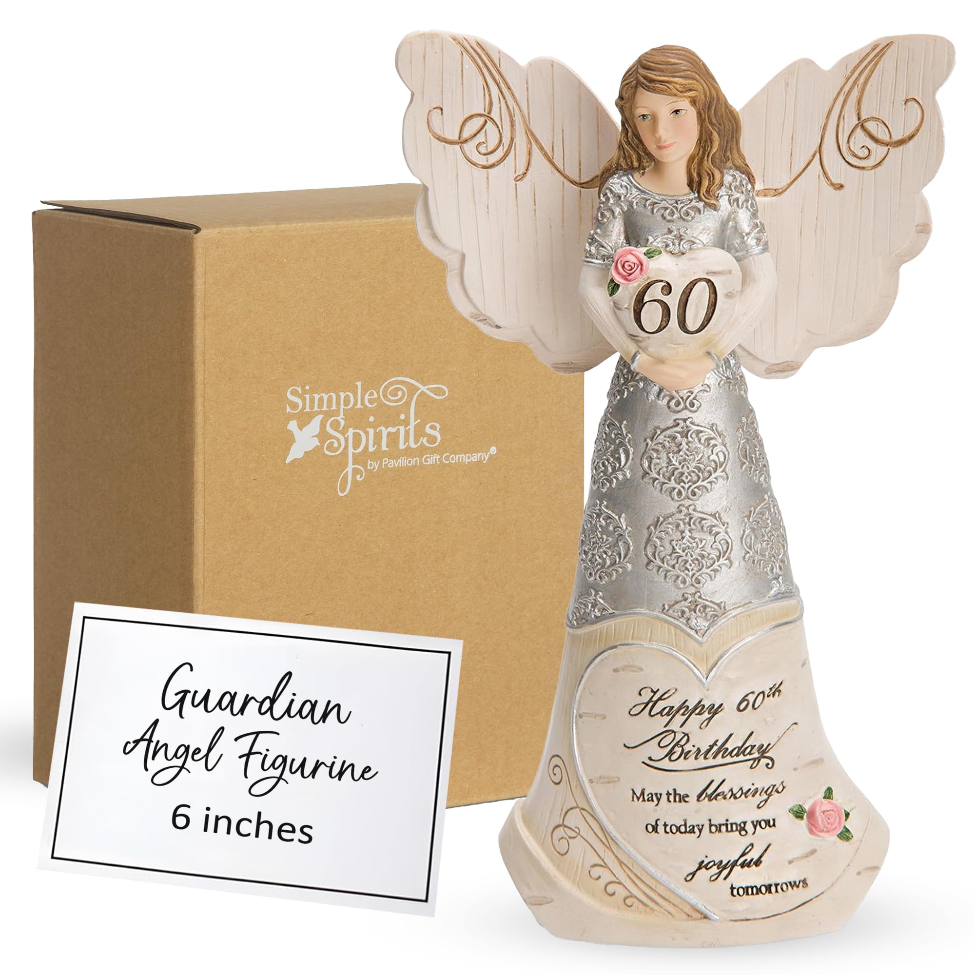 Pavilion Elements angel front view showing printed 60th birthday message and warm appeal
