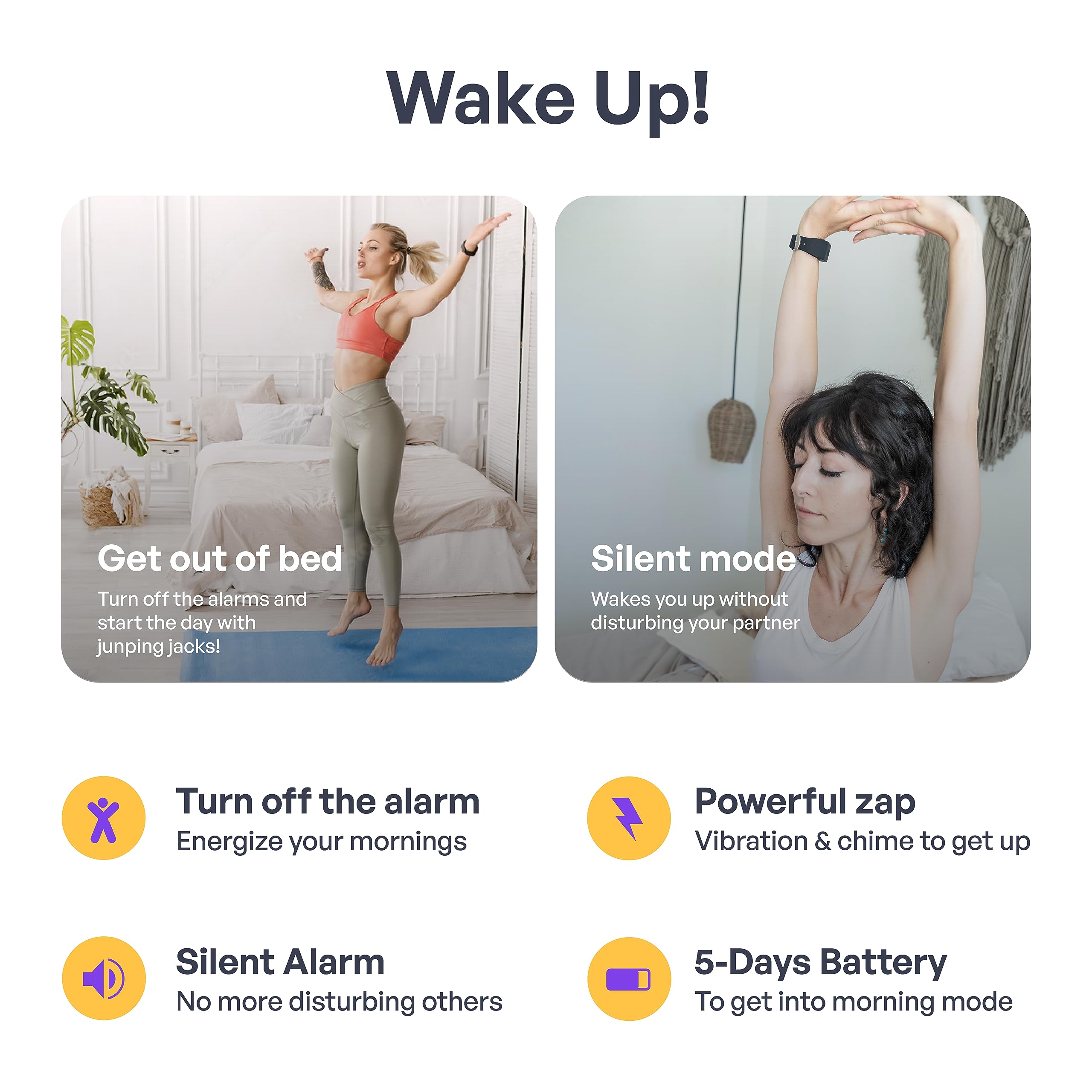 Pavlok Shock Clock 2 in bedroom lifestyle showing quiet wake-up benefit for couples