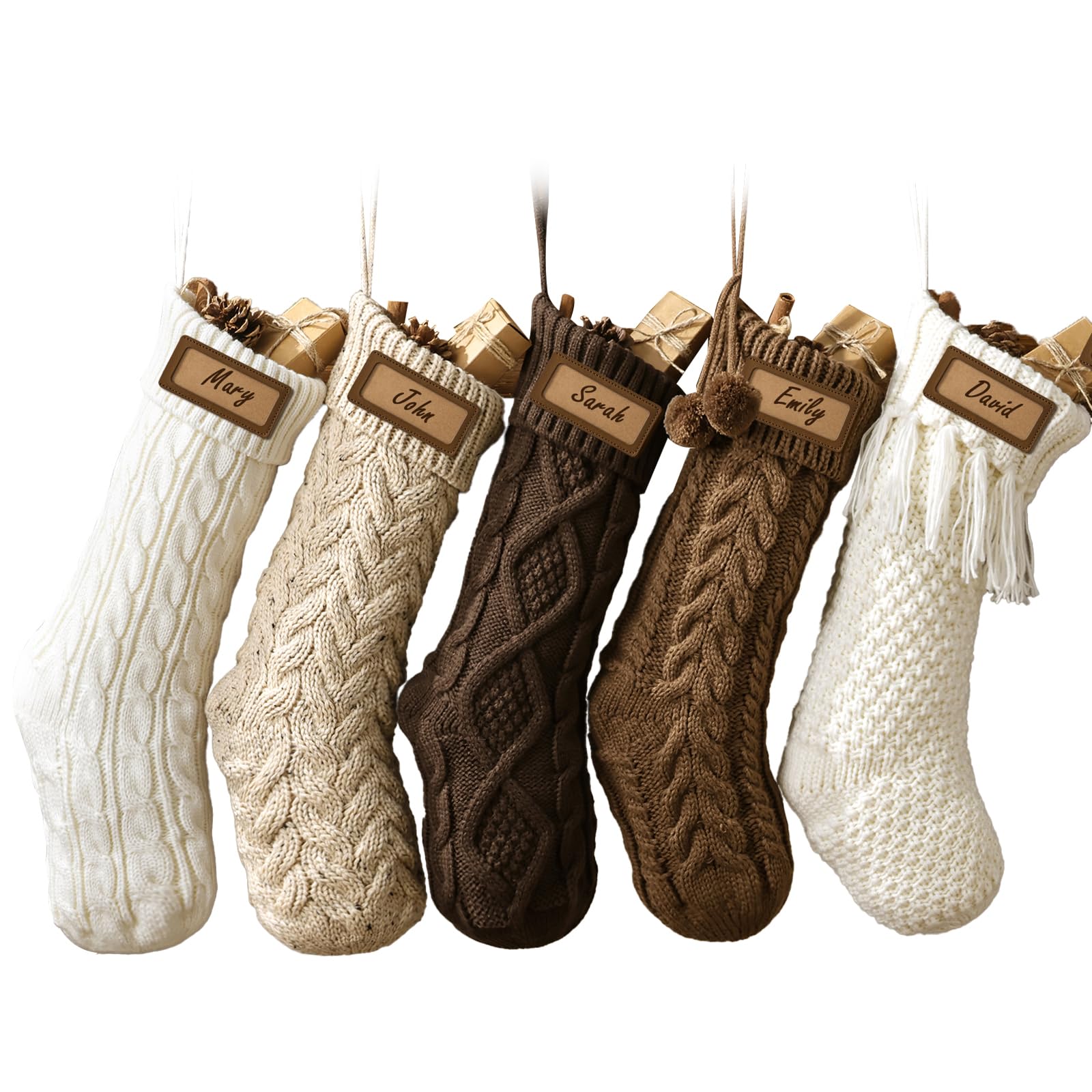 Pawliss front view of five stockings showing coordinated earth-tone set and versatile decor benefit