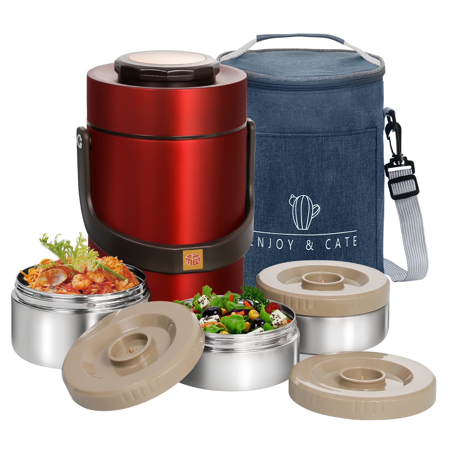 Pawovdeq front view of red 67oz thermo showing stackable lids and bag benefit