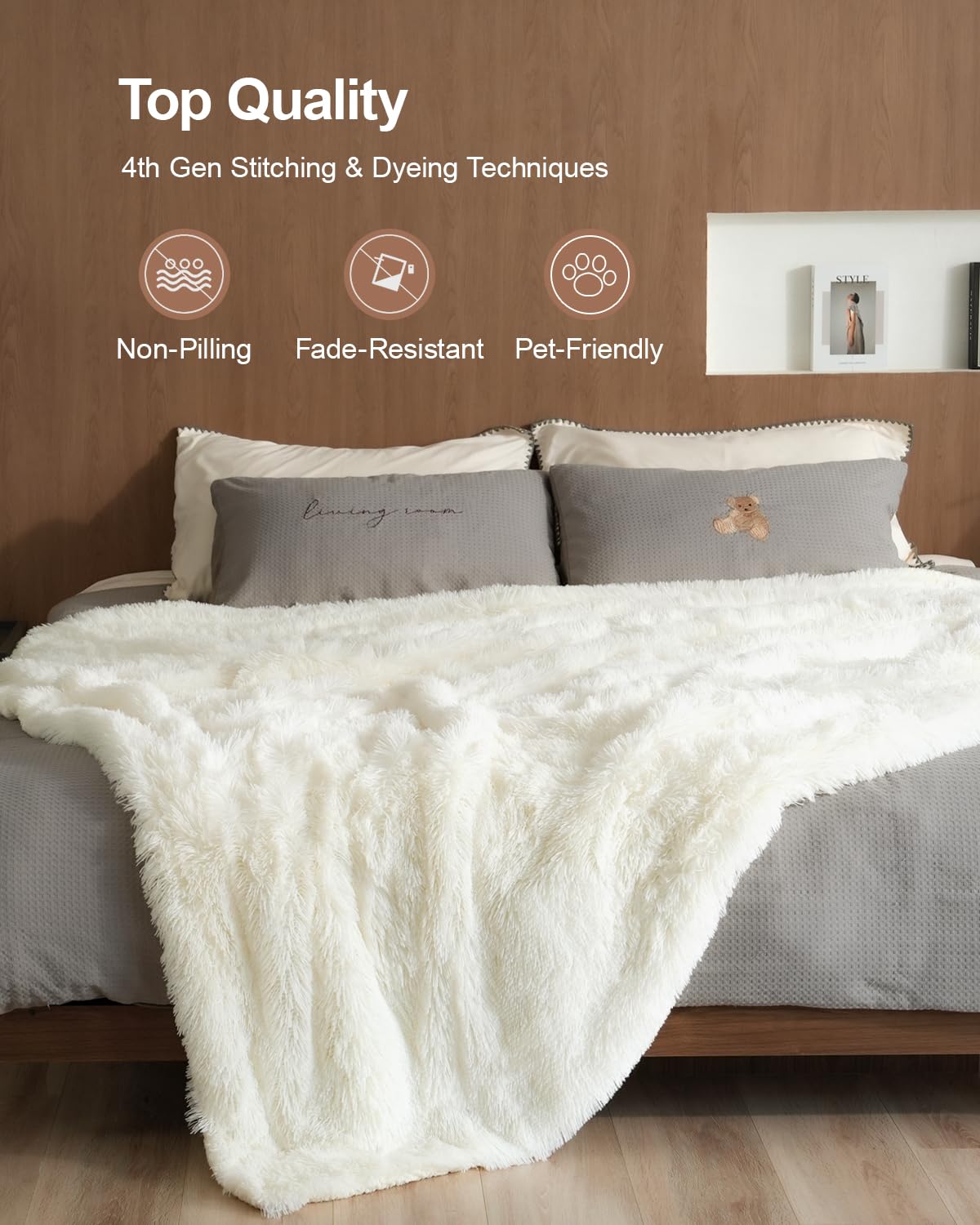 Pawque cream throw folded on bed showing neat decorative layering