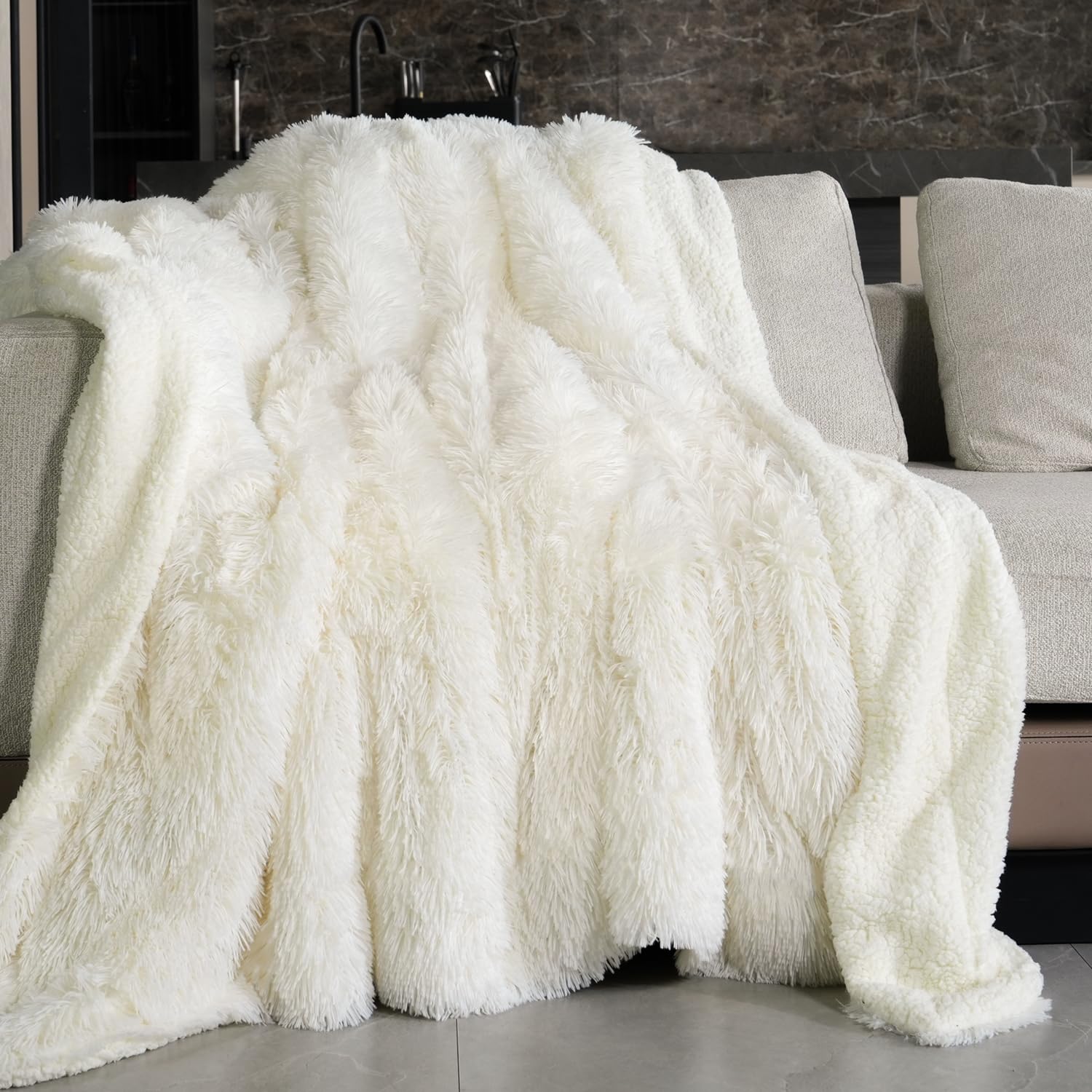 Pawque cream throw front view showing plush faux fur and inviting softness