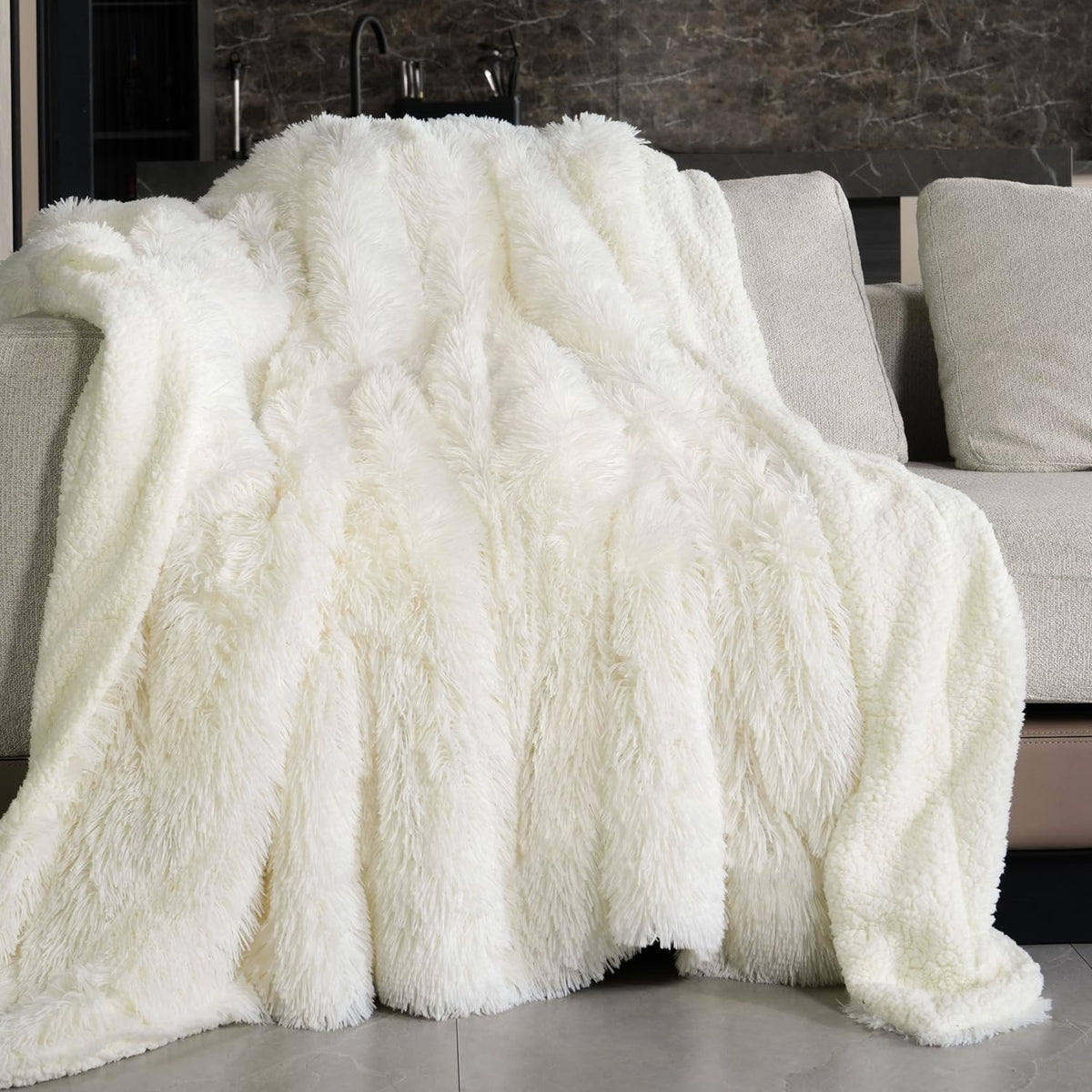 Pawque cream throw front view showing plush faux fur and inviting softness