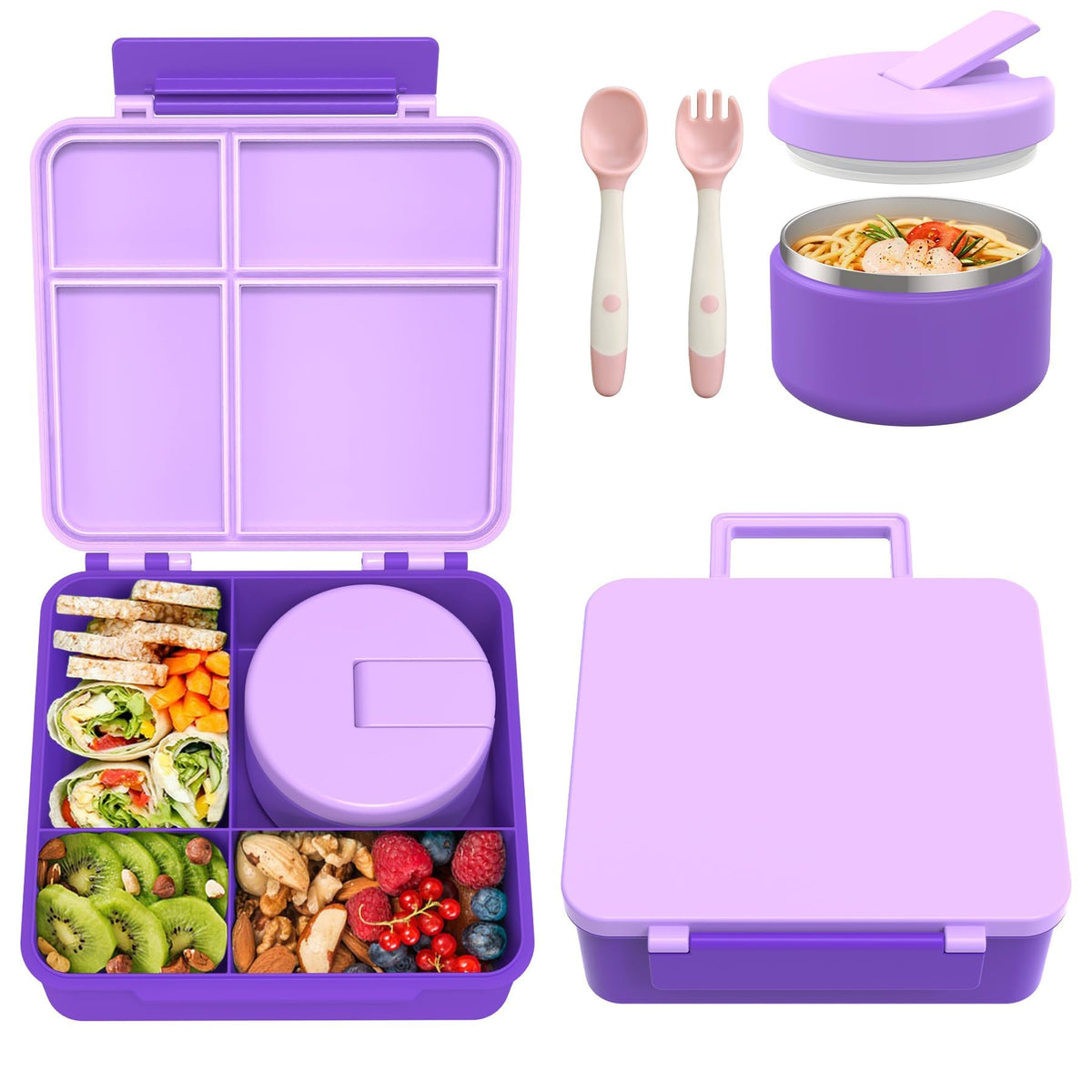 Pawtong front view of purple bento lunch box showing secure exterior and portability benefits