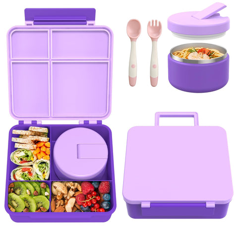 Pawtong front view of purple bento lunch box showing secure exterior and portability benefits