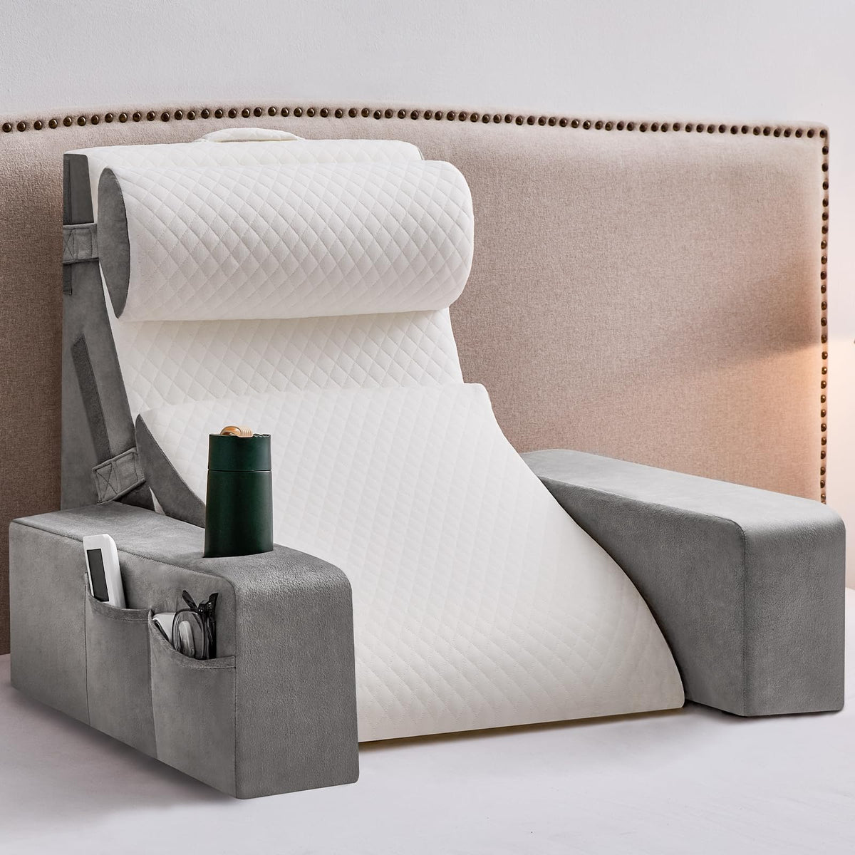 Paxato front view of reading pillow showing supportive backrest and arms