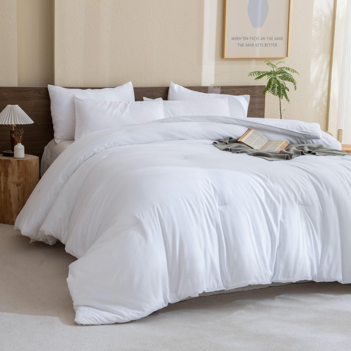 Paxrac comforter front view showing clean white design and easy styling benefit