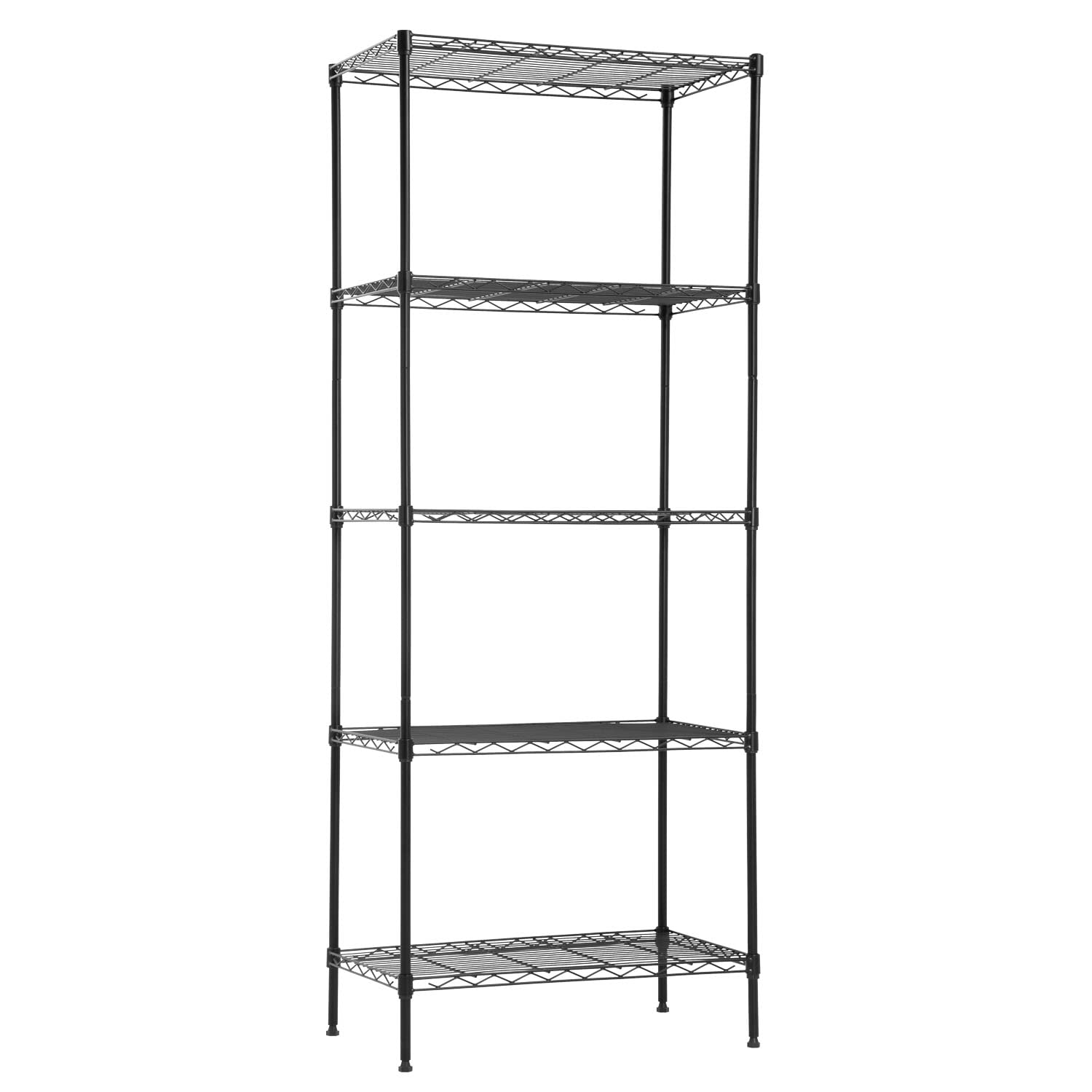 PayLessHere front view shows sturdy black shelving and organized storage benefit
