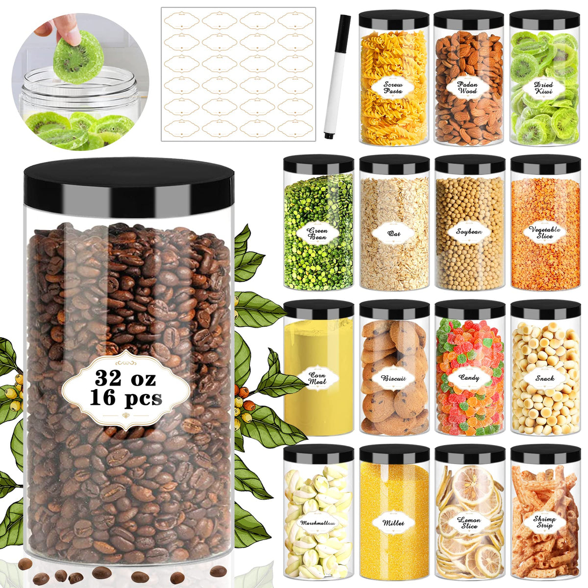 PeacePeo front packaging showing 16 jars and included labels for easy organization