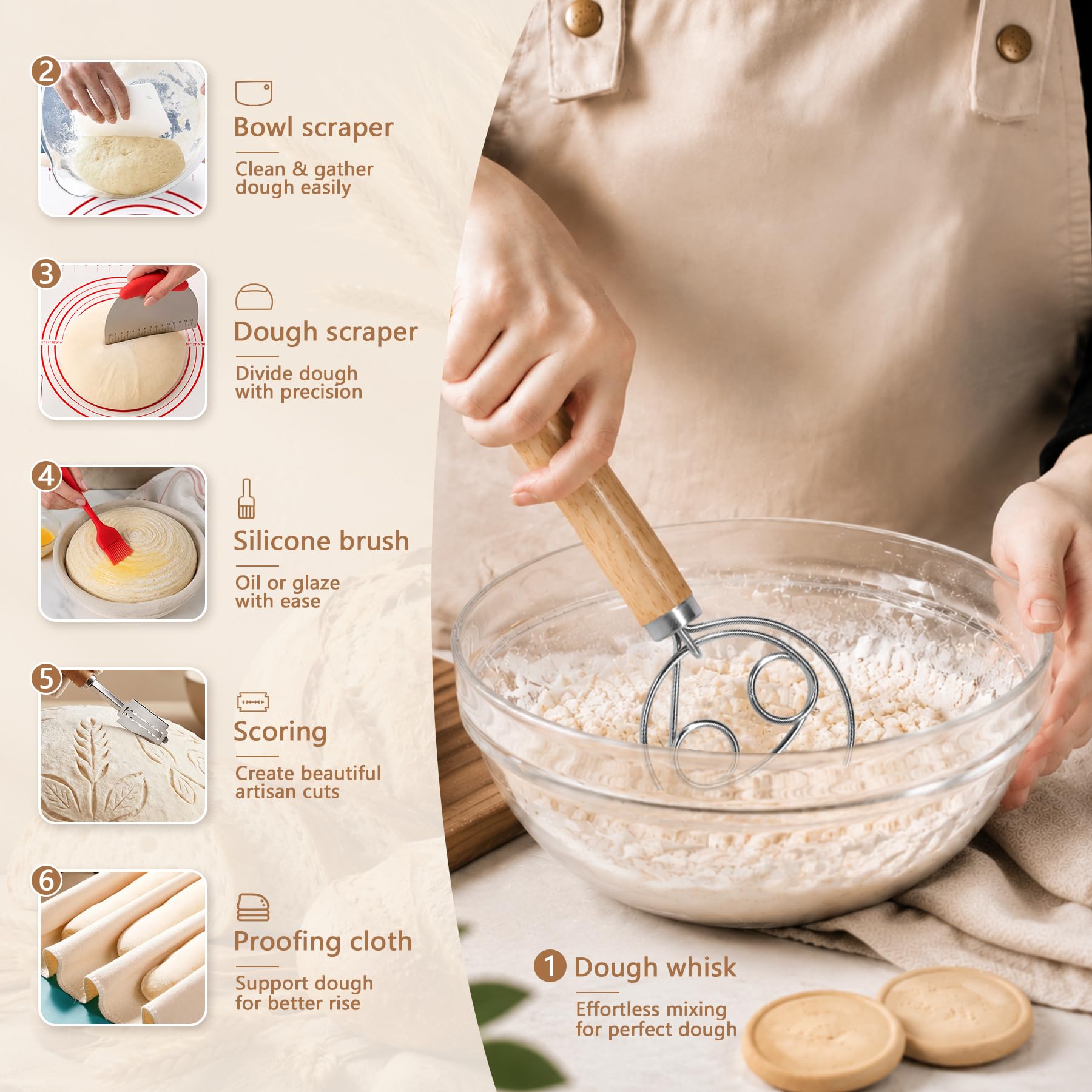 PeacePeo scrapers whisk and sifter displayed for efficient dough work