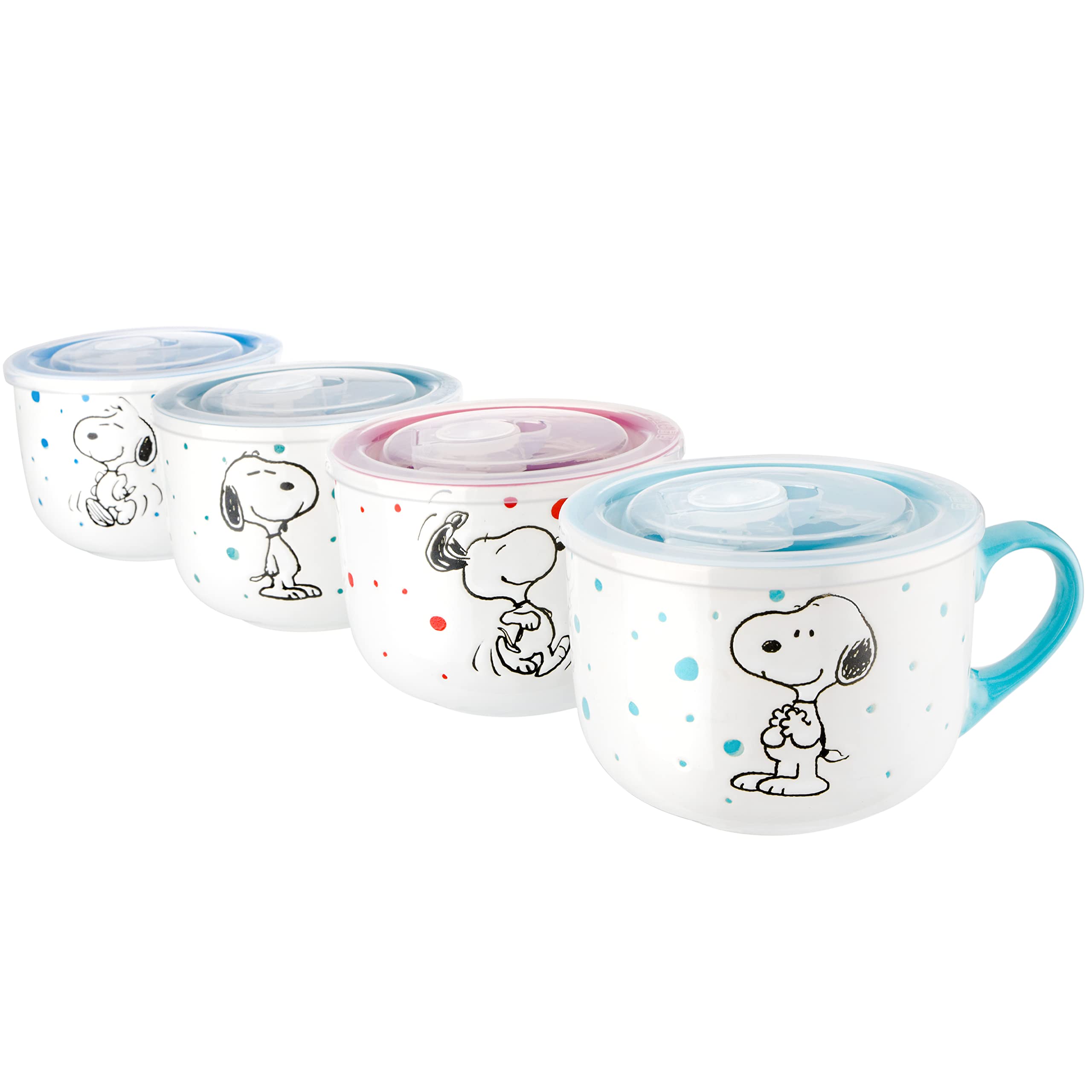 Peanuts stoneware mugs front view showing four colorful mugs and lids, great for serving