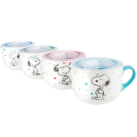 Peanuts stoneware mugs front view showing four colorful mugs and lids, great for serving
