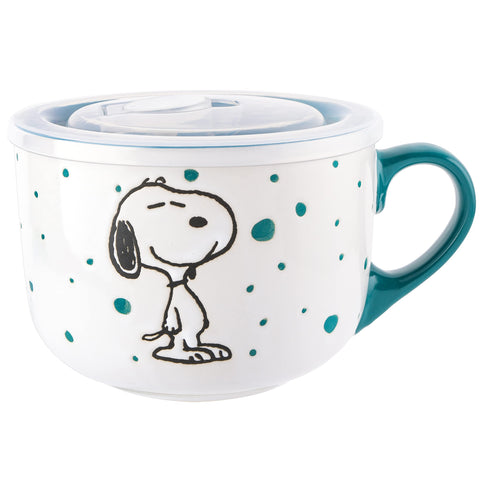 Peanuts mug in use with soup being served, illustrating heat-safe convenience