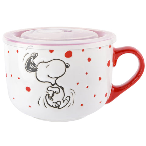 Peanuts mug next to spoon for scale, indicating generous 23oz portion capacity