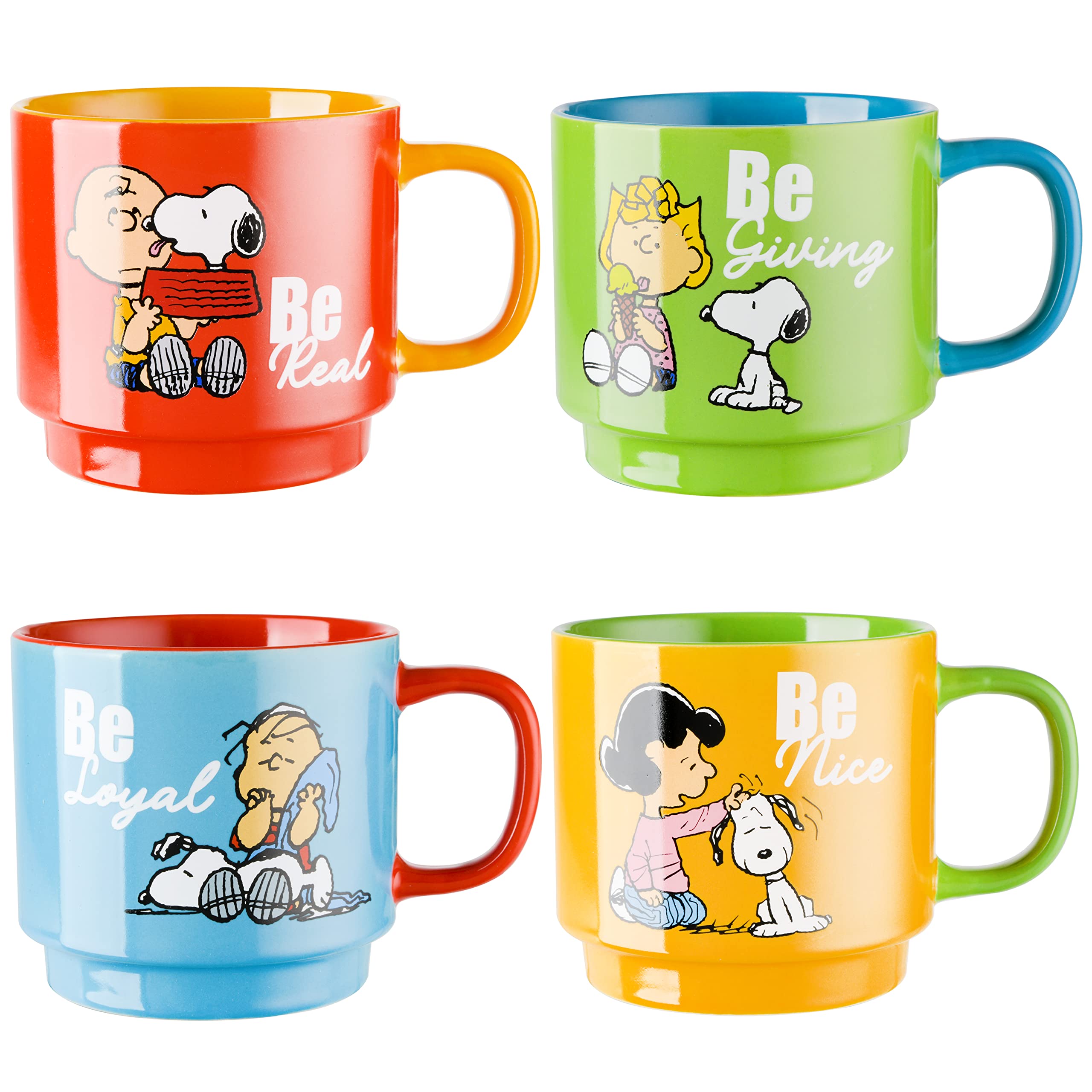 Peanuts stacked mugs in metal rack saving counter space, organized storage benefit