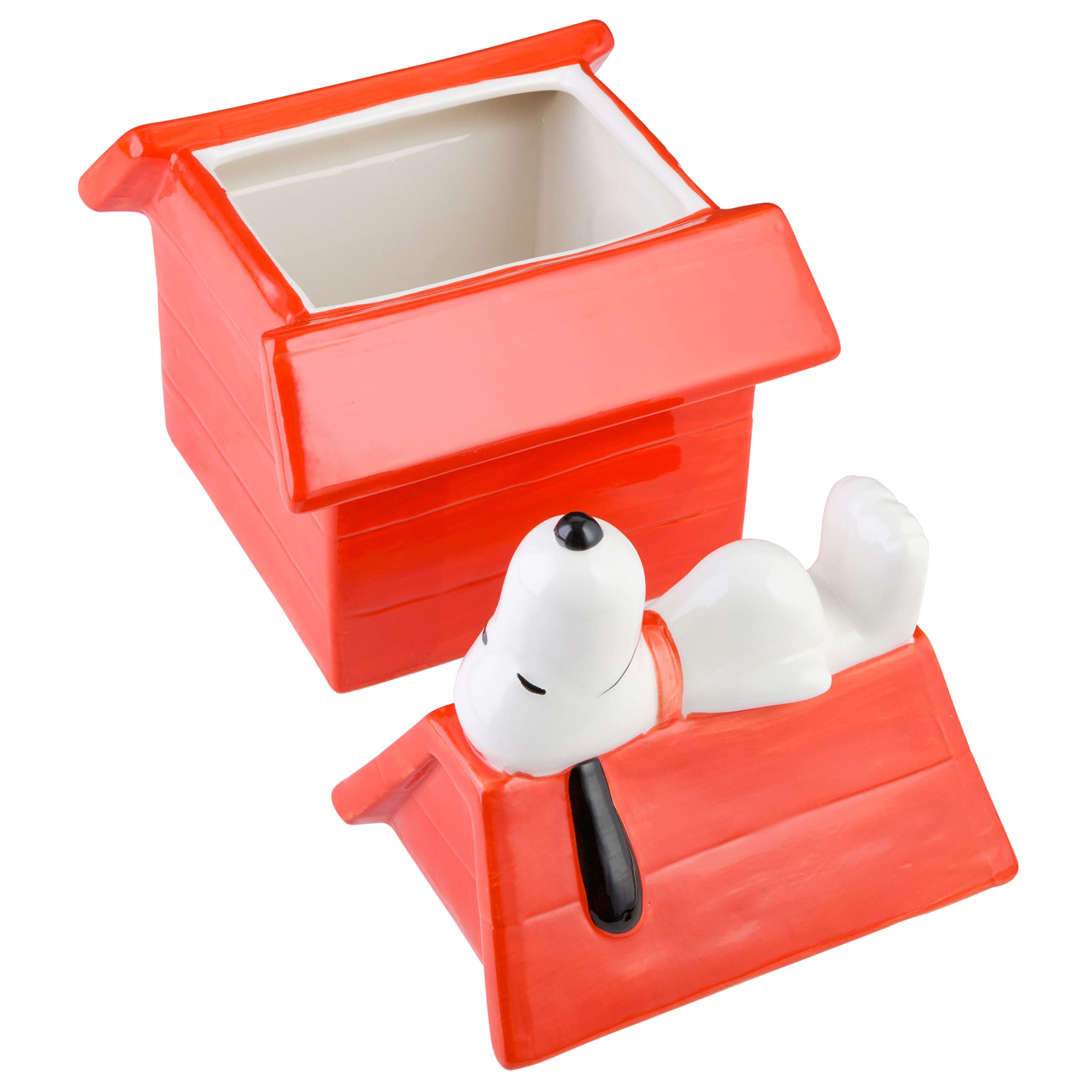 Peanuts Snoopy jar beside a cookie plate showing size and capacity