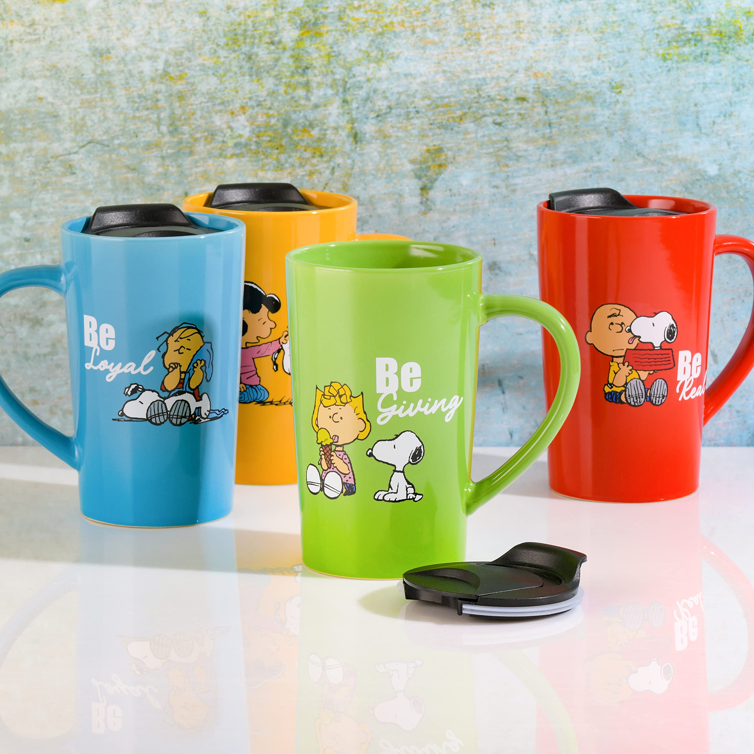 Peanuts Snoopy all four colored mugs arranged to show variety and gift-ready set
