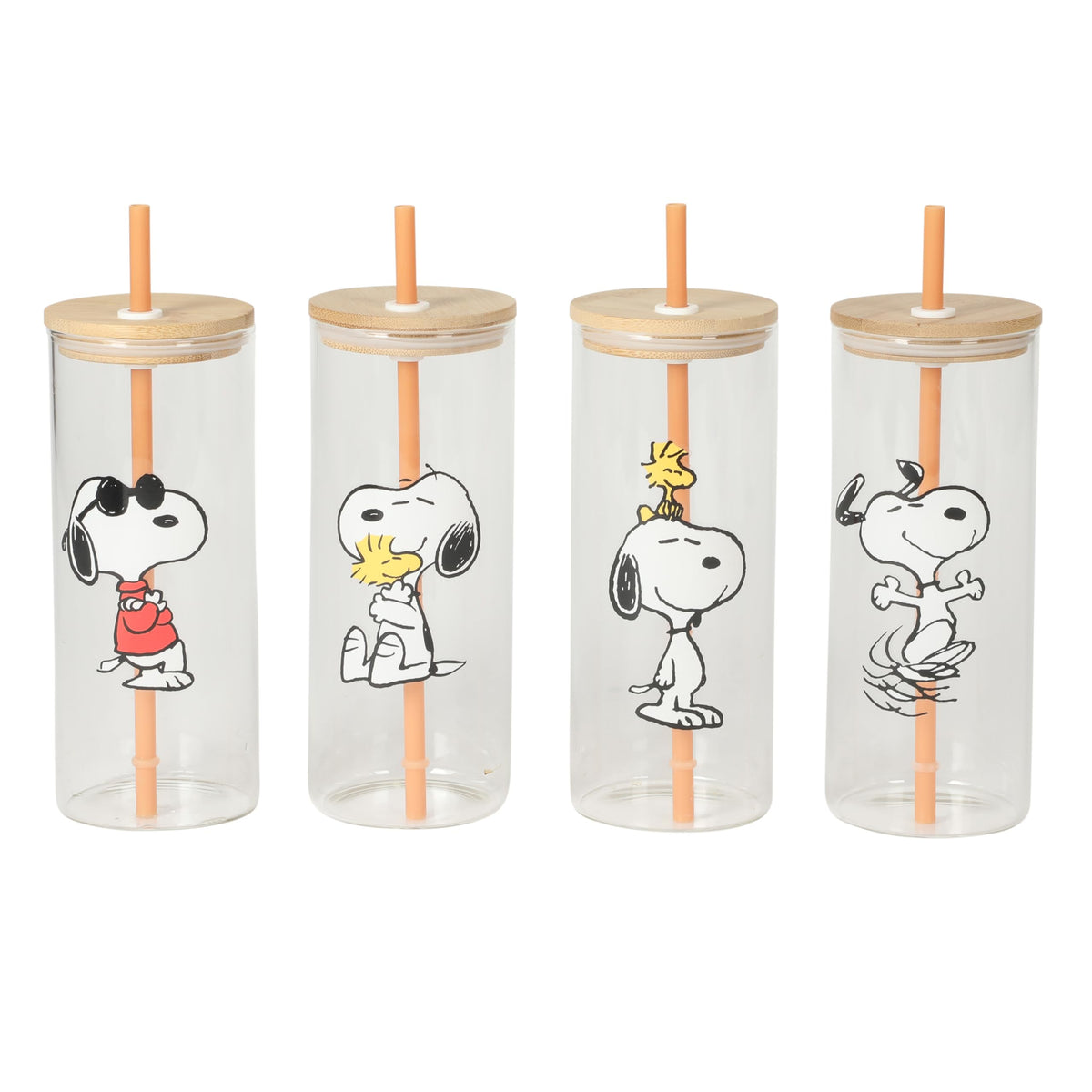 Peanuts snoopy front packaging showing four decorated tumblers and cheerful designs