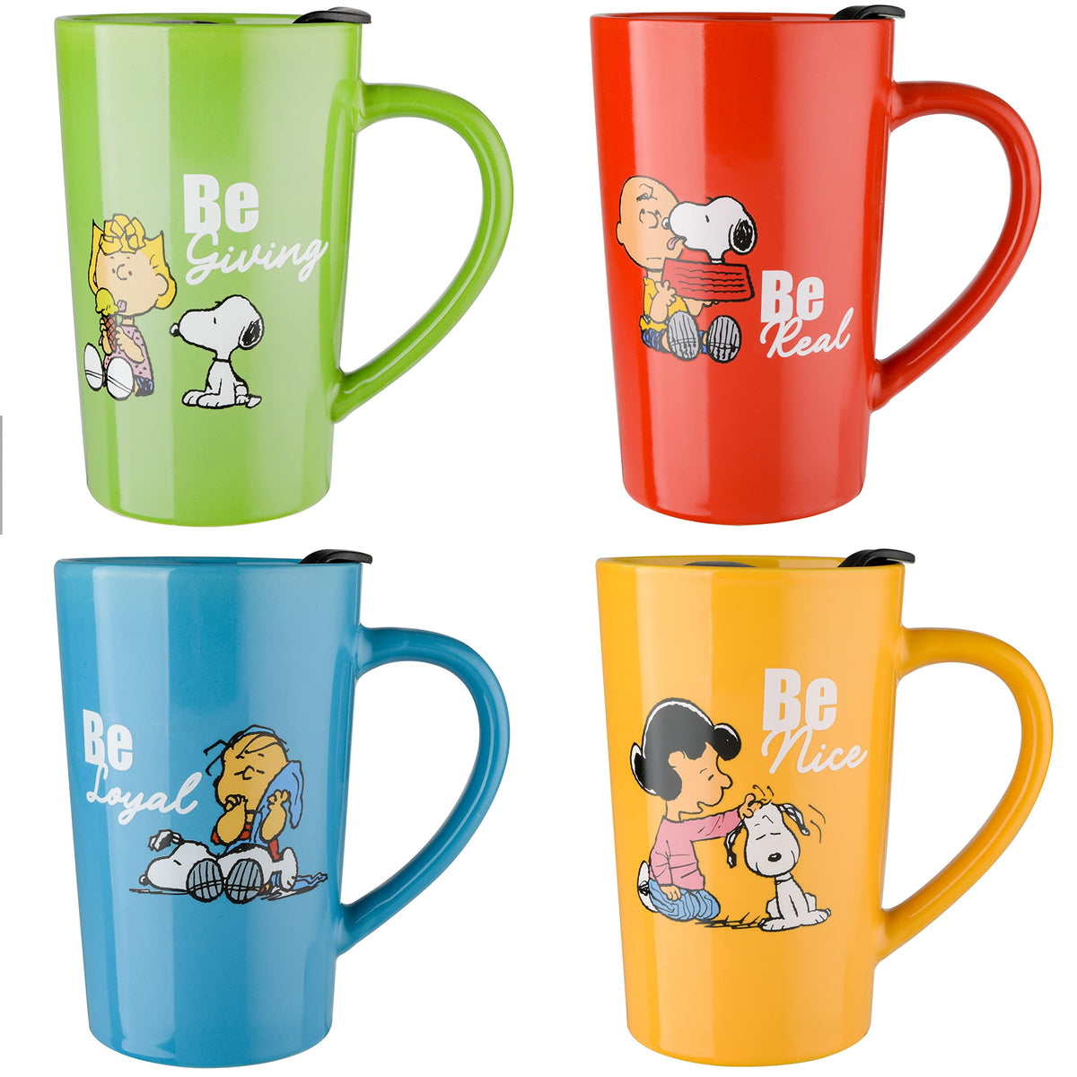 Peanuts Snoopy front packaging showing four colorful travel mugs, cheerful design