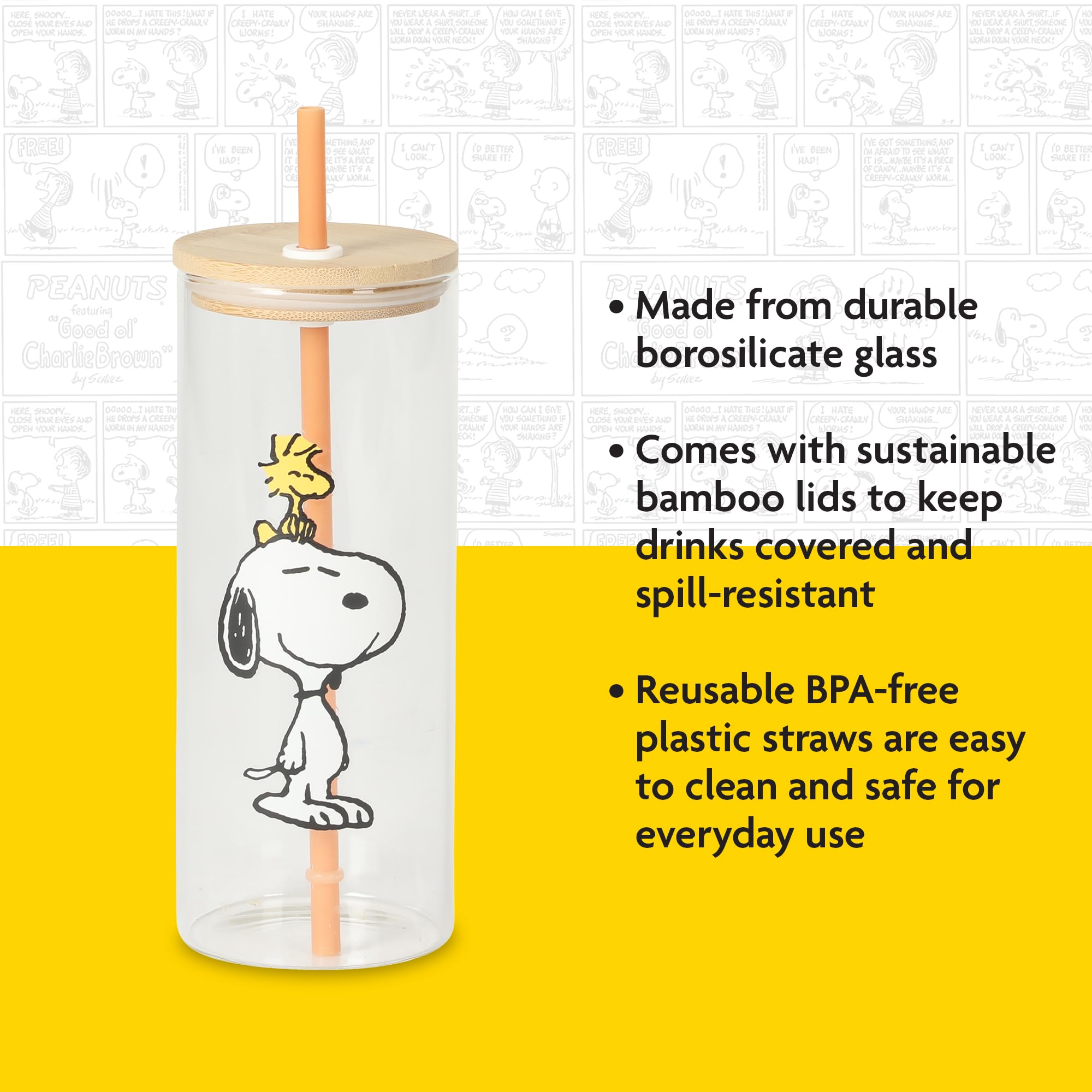 Peanuts snoopy glass texture clarity highlighting durable, non-clouding benefit