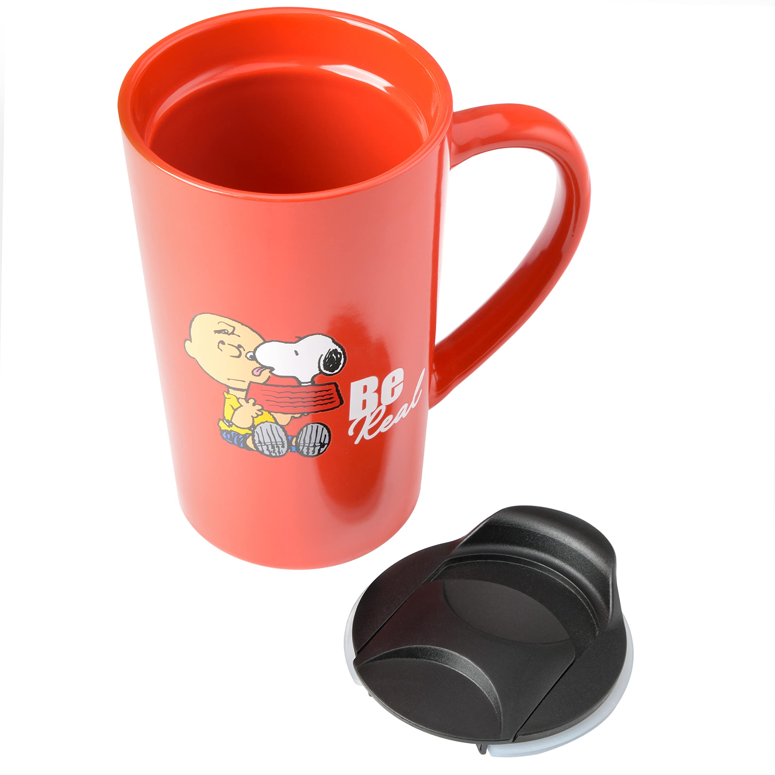 Peanuts Snoopy BPA-free lid closeup with sliding lock to reduce spills