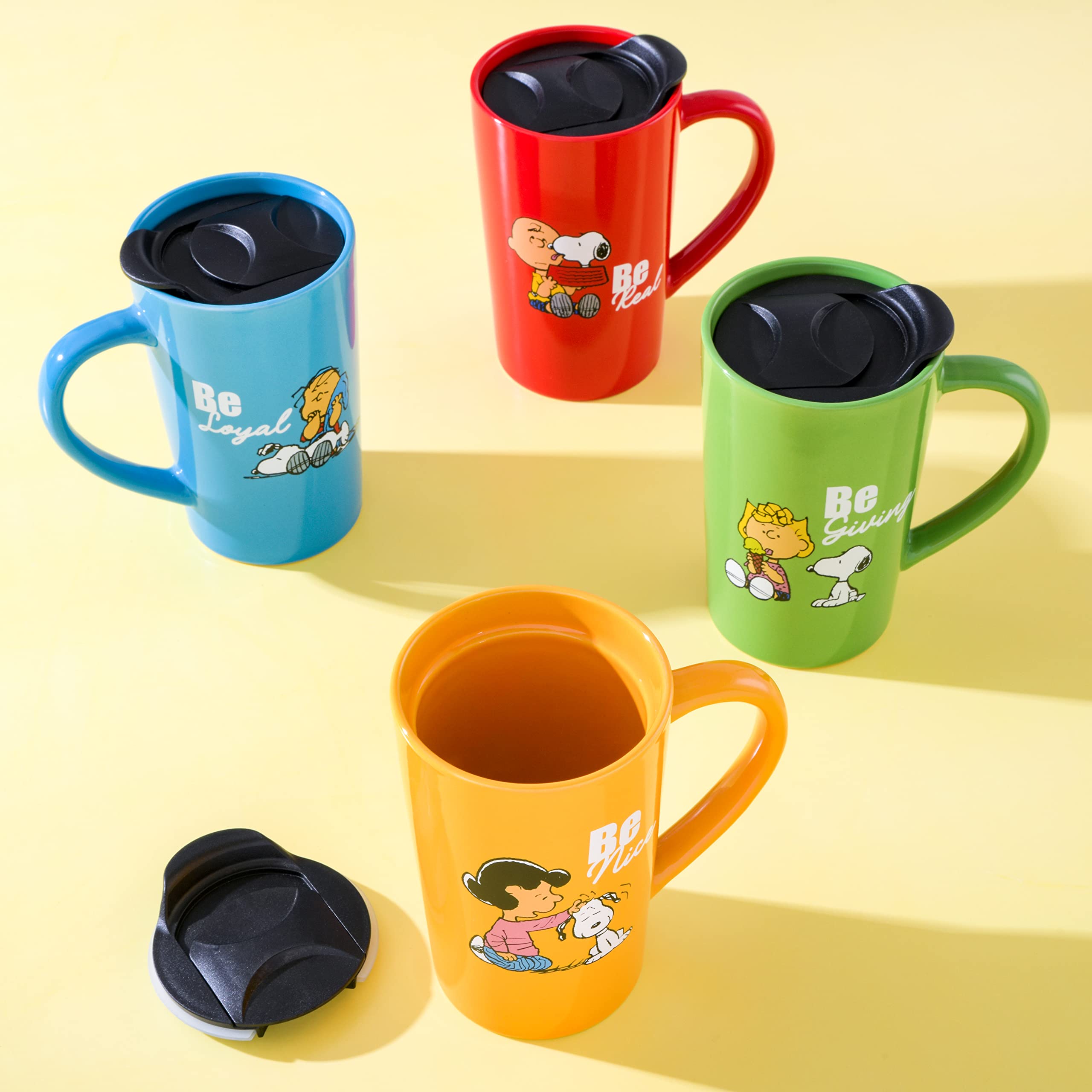 Peanuts Snoopy travel mug on kitchen table adding playful breakfast charm