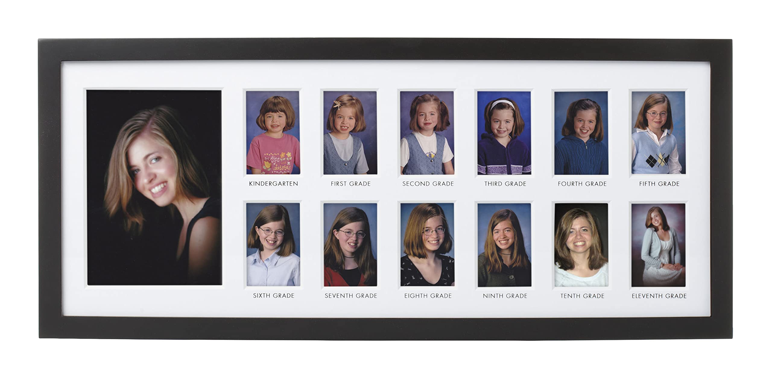 Pearhead frame front view showing K–12 collage and classic black finish benefit display