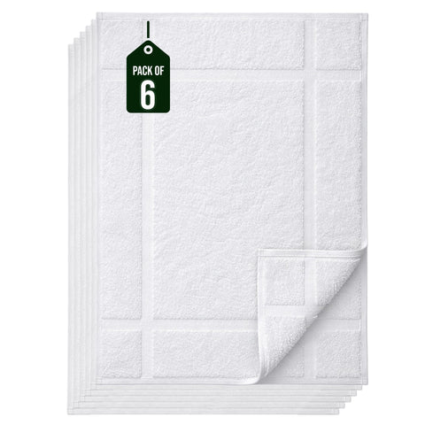 Pearl Linens front pack of six white bath mats showing value set and ready-to-use