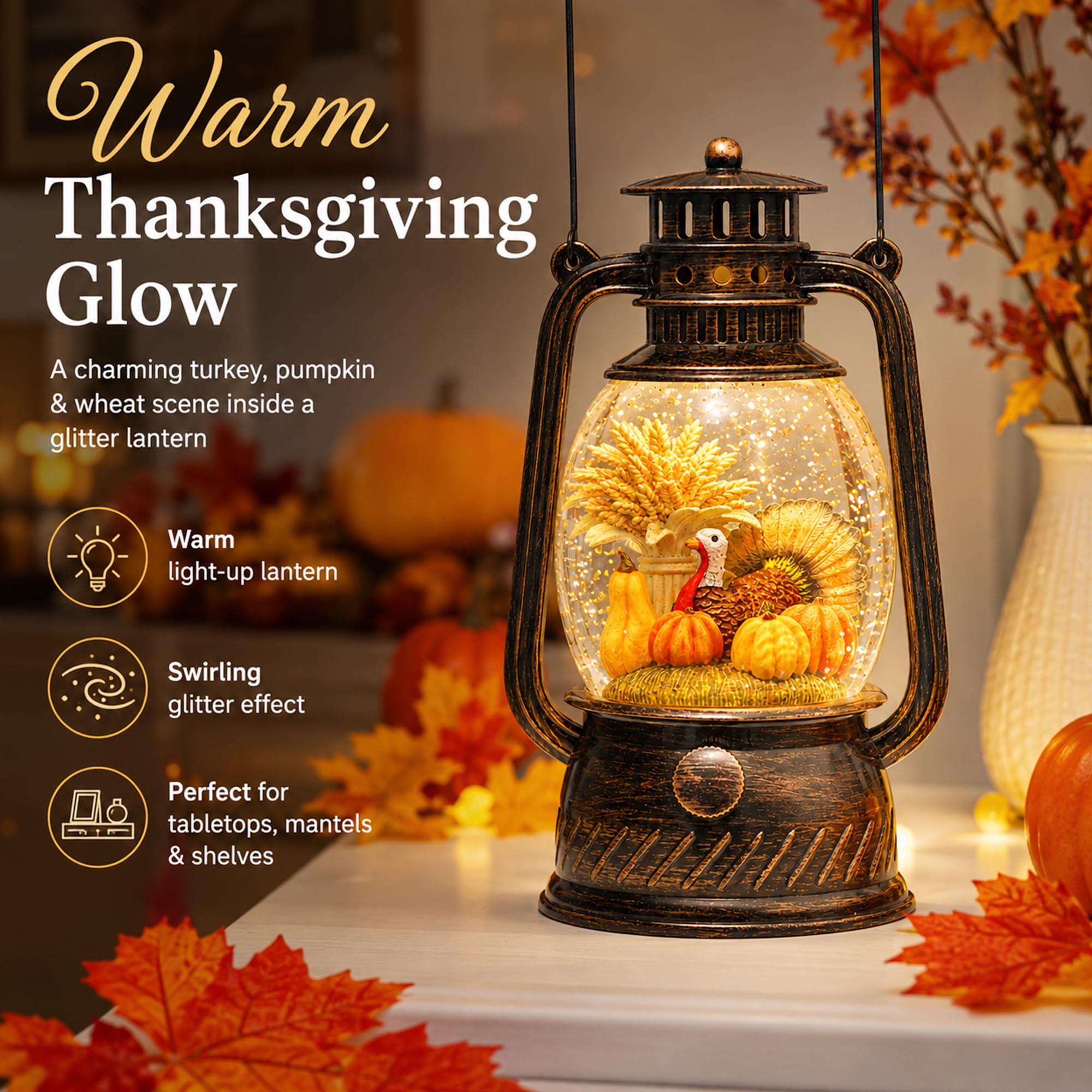 PEATOP close-up of pumpkin and turkey figurines highlighting painted detail