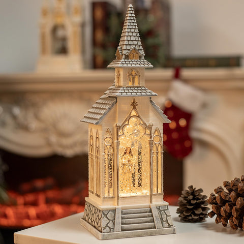 PEATOP front view shows churches scene and glitter for festive centerpiece