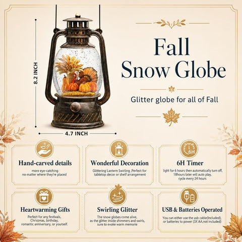 PEATOP snow globe lit on a mantel providing cozy Thanksgiving atmosphere