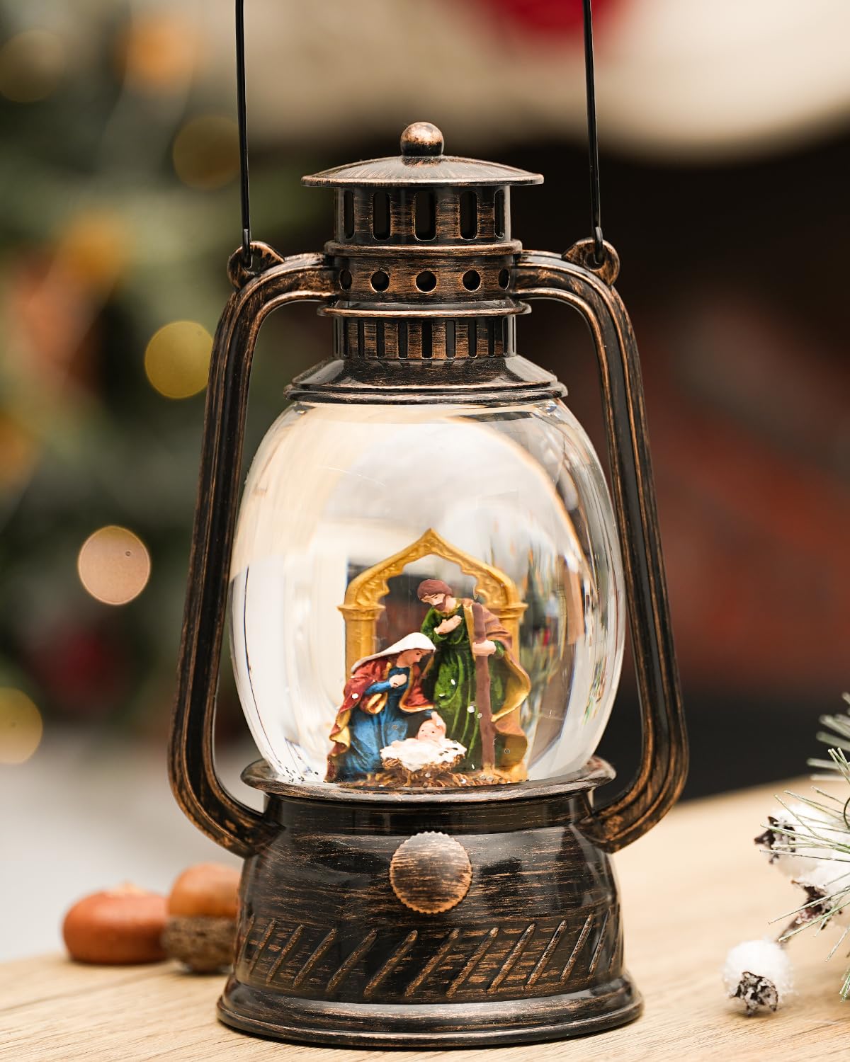 PEATOP globe on mantel showing scale and seasonal decorative impact