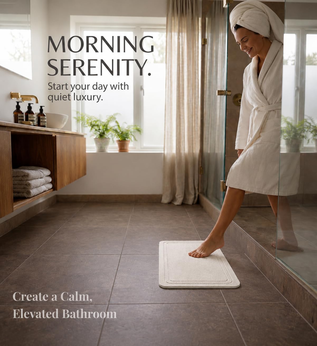 Pebble Nest mat in modern bathroom lifestyle demonstrating tidy floors