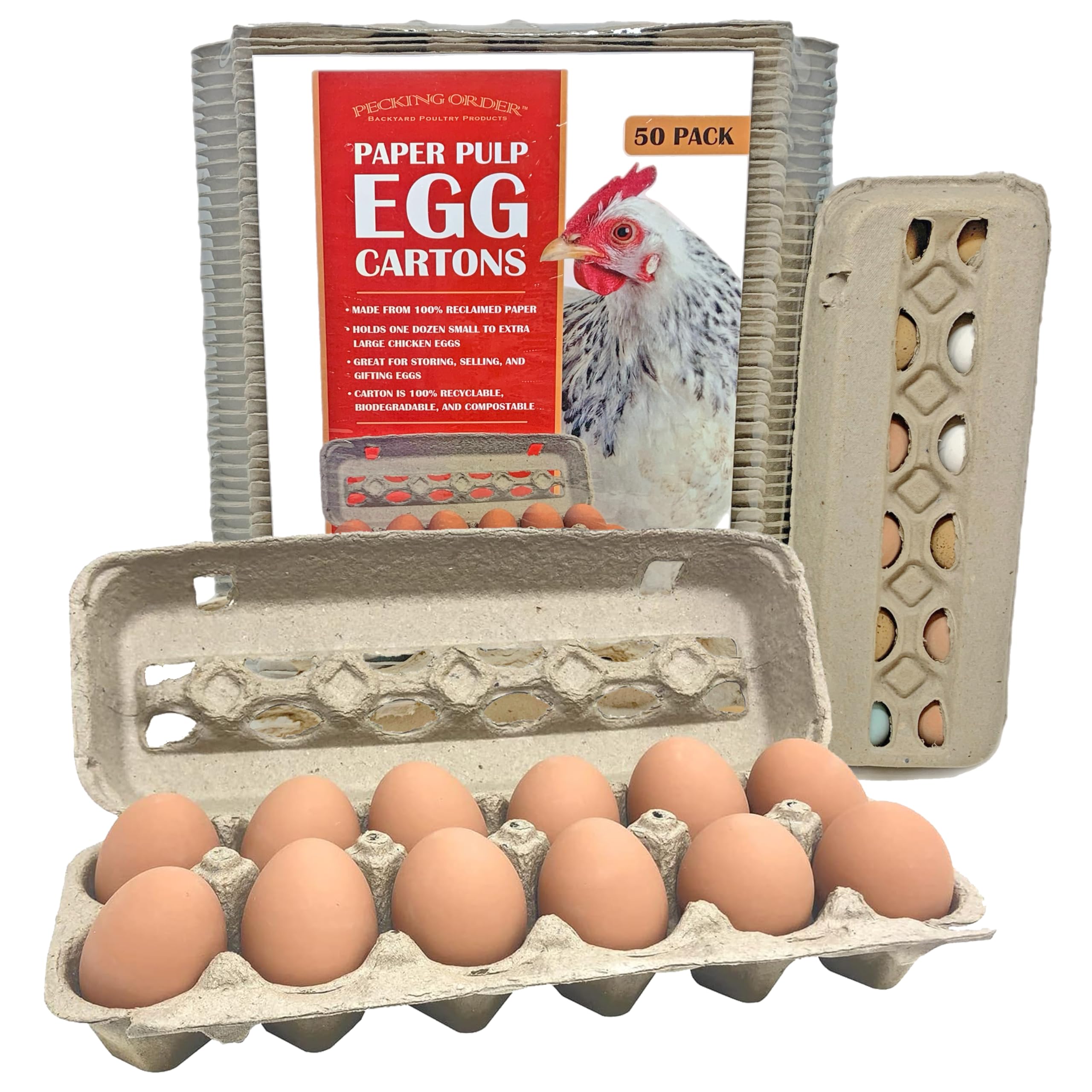 Pecking Order front view of a closed carton showing clean recyclable packaging benefit