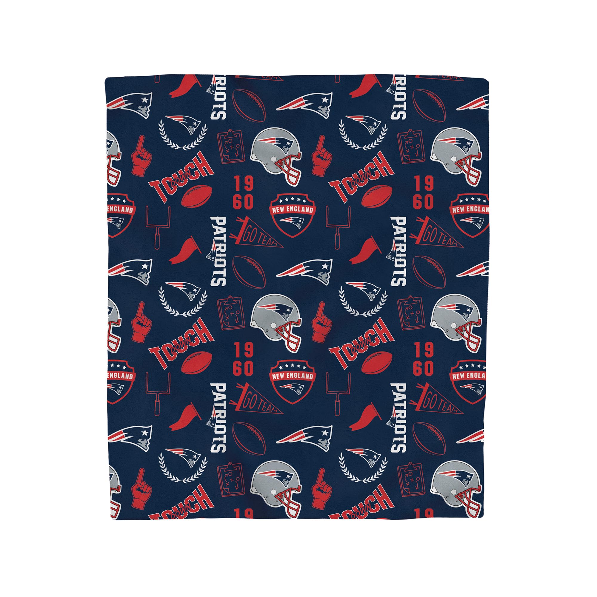 Pegasus Home Fashions Patriots blanket front view showing bold collage graphics and cozy fleece warmth