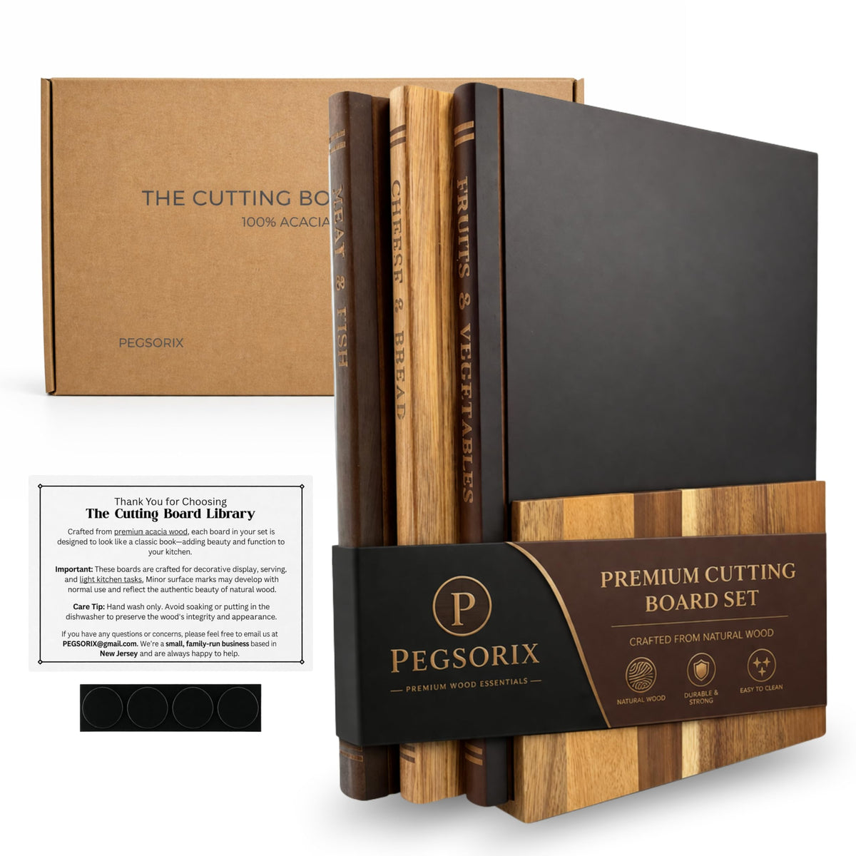 PEGSORIX front display showing three boards and stand, enhances countertop decor