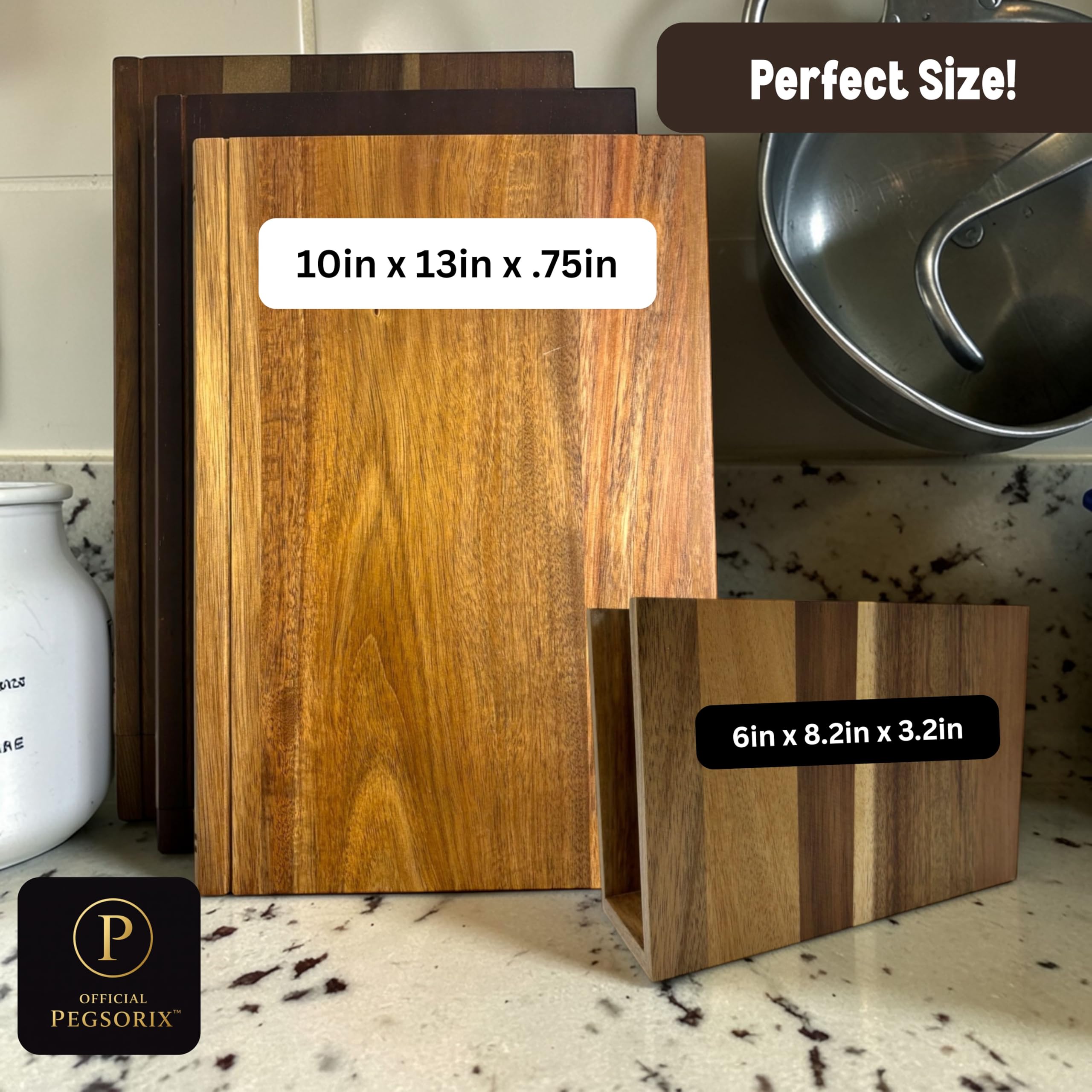 PEGSORIX stand size comparison on countertop, demonstrates space-saving organization