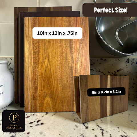 PEGSORIX stand size comparison on countertop, demonstrates space-saving organization
