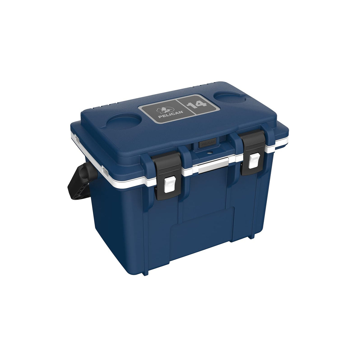 Pelican midnight blue cooler front view showing robust build and compact benefit