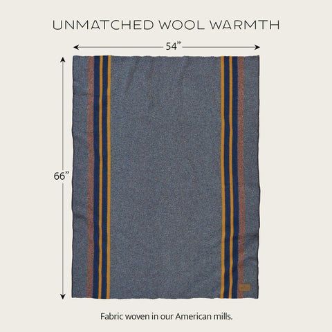 Pendleton throw next to person illustrating generous 54 by 66 size
