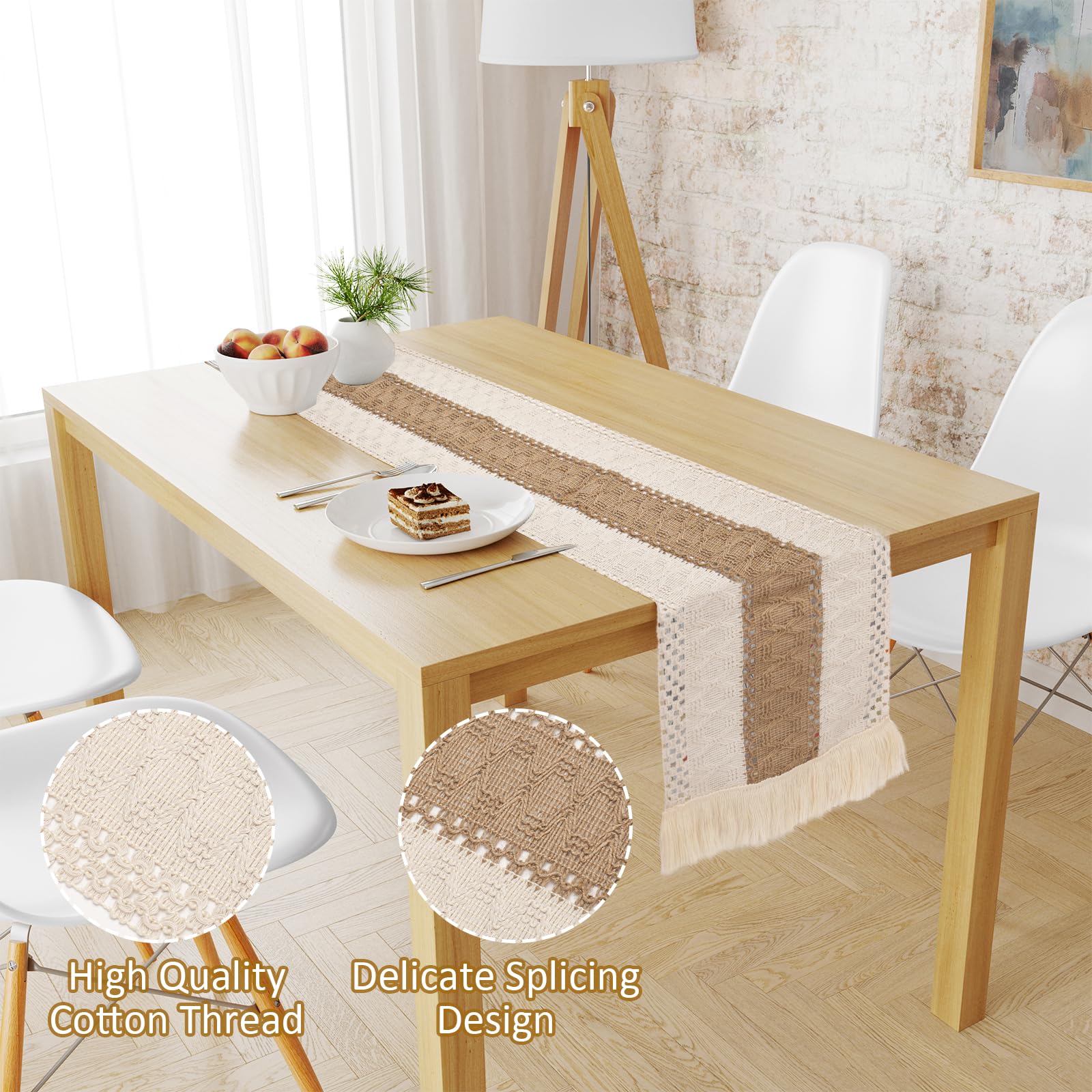 pengtai macramé table runner tassel detail shows texture and farmhouse charm